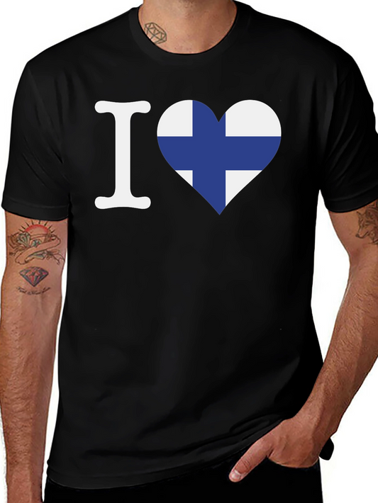 Finland Flag Heart Graphic Tee - Black Cotton Shirt