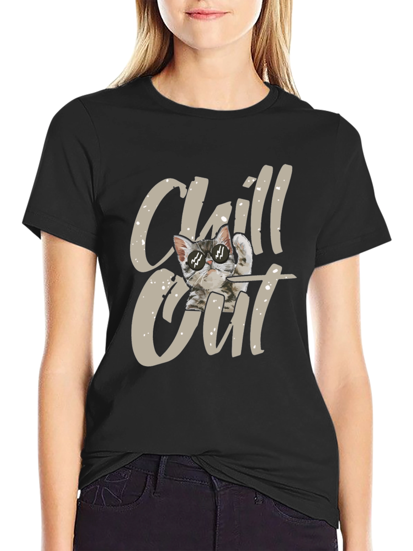Chill Out Cat Graphic Black T-Shirt
