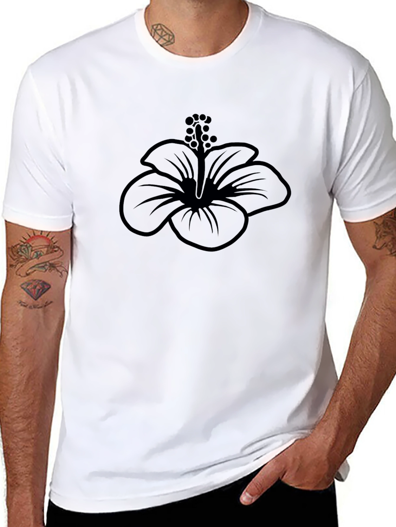 Black Hibiscus Flower Graphic T-Shirt