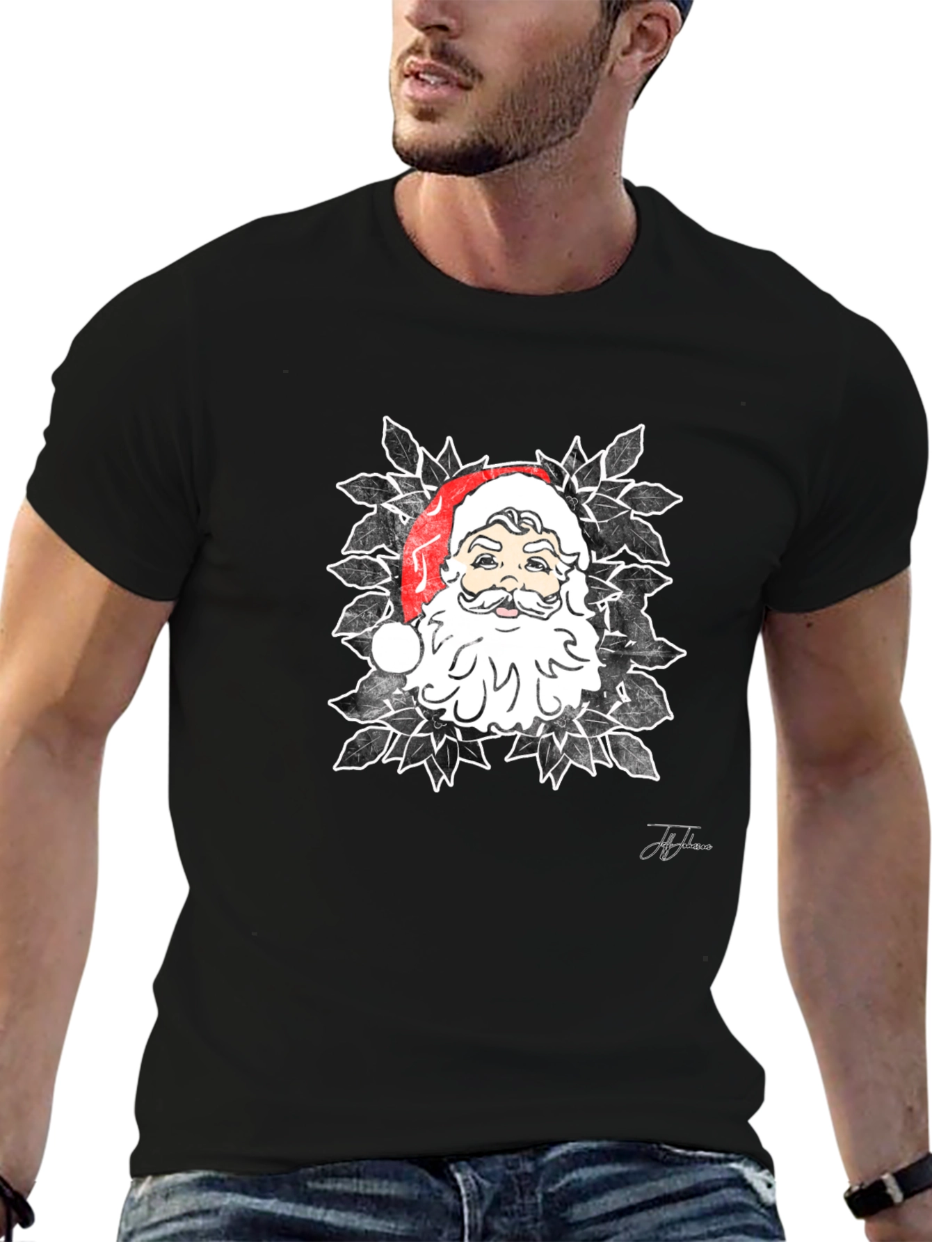 Santa Graphic Print Black T-Shirt