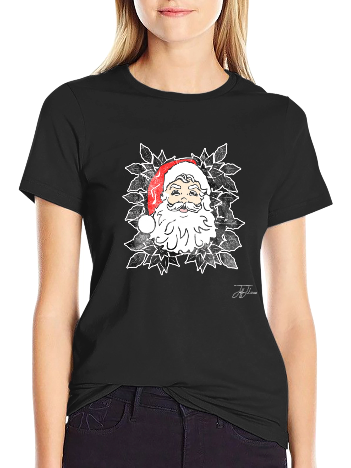 Santa Graphic Print Black T-Shirt