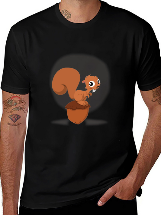 Cartoon Squirrel & Acorn Black T-Shirt