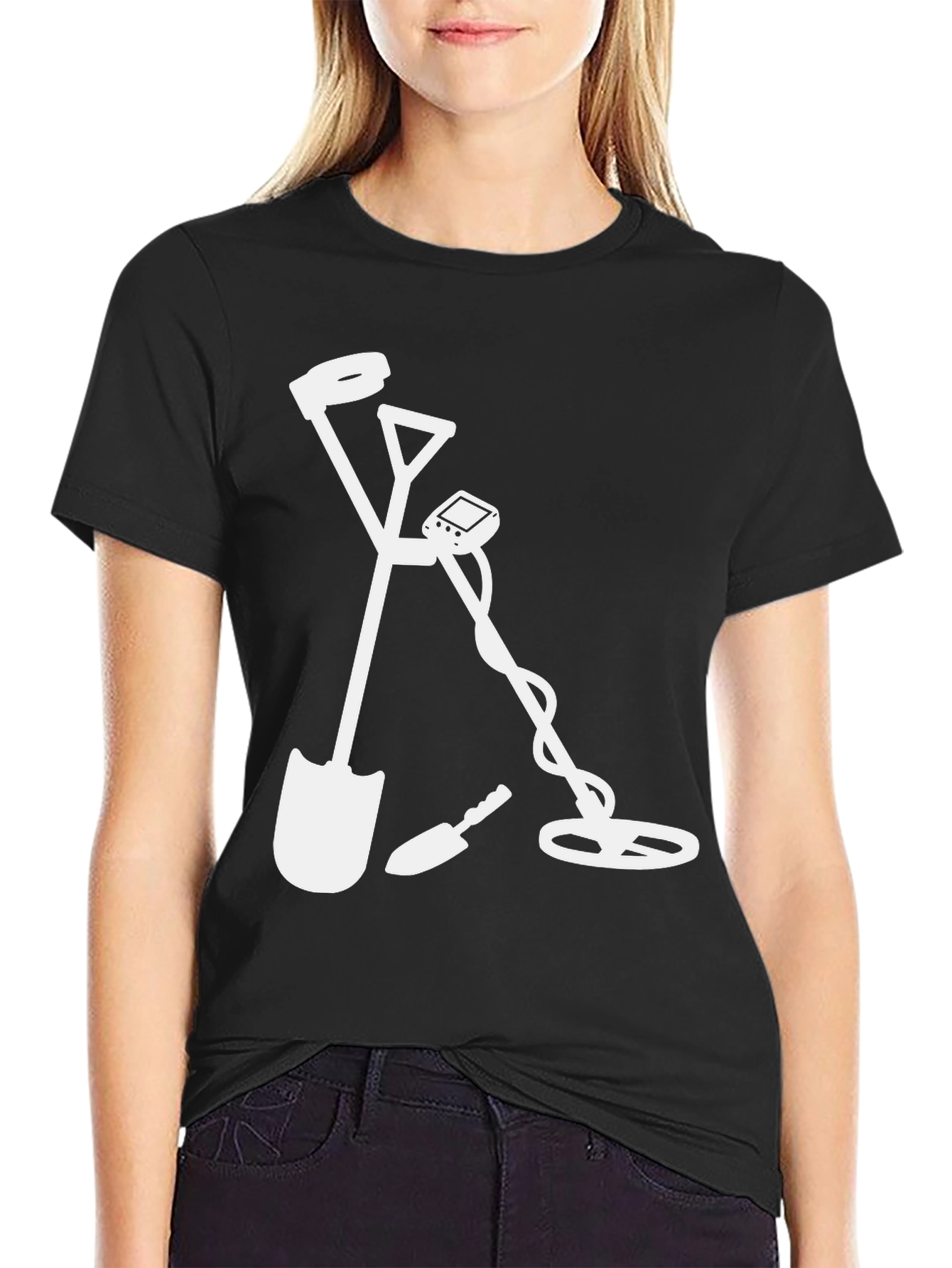 Treasure Hunter Black T-Shirt: Shovel & Metal Detector