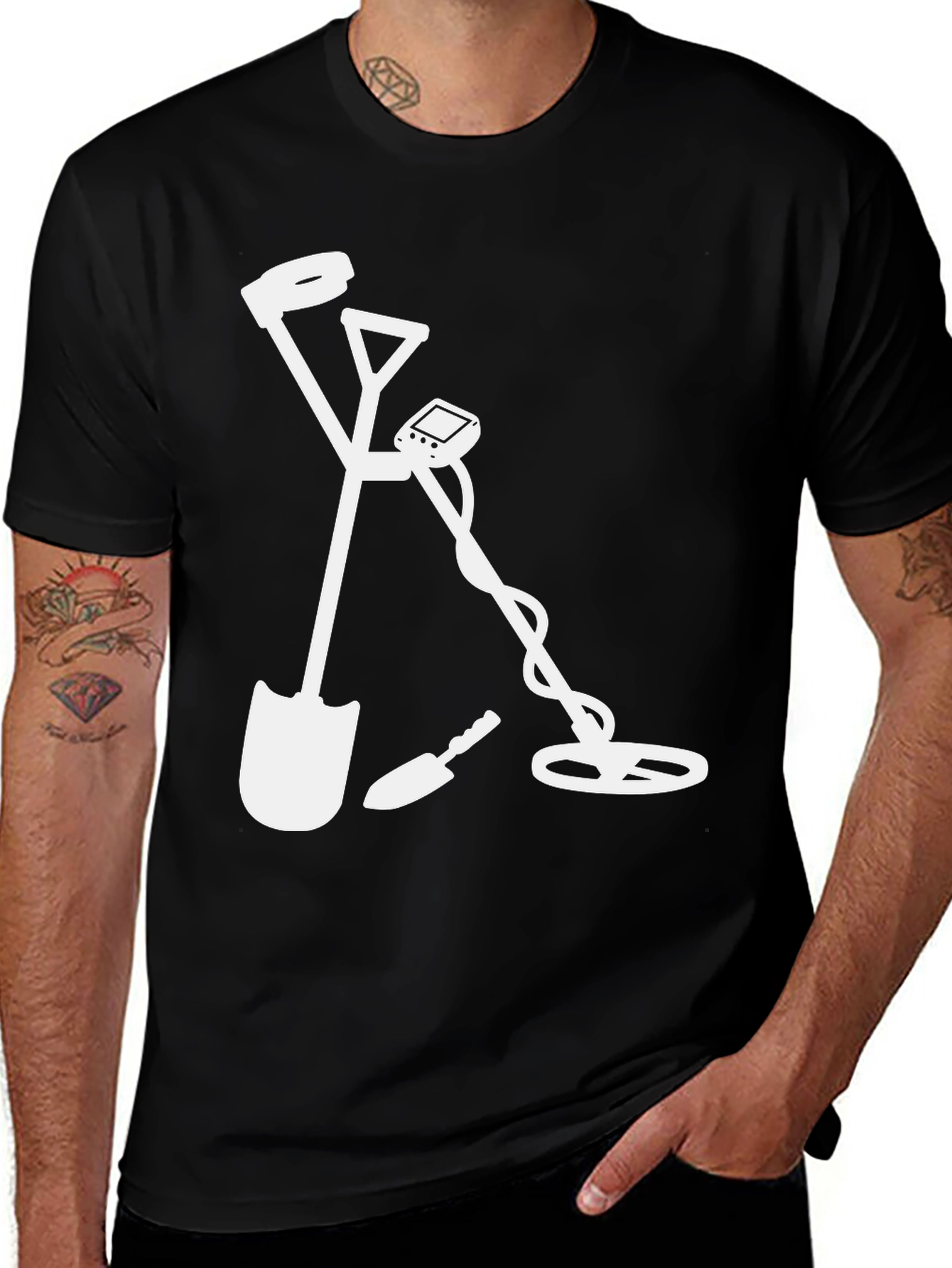 Treasure Hunter Black T-Shirt: Shovel & Metal Detector