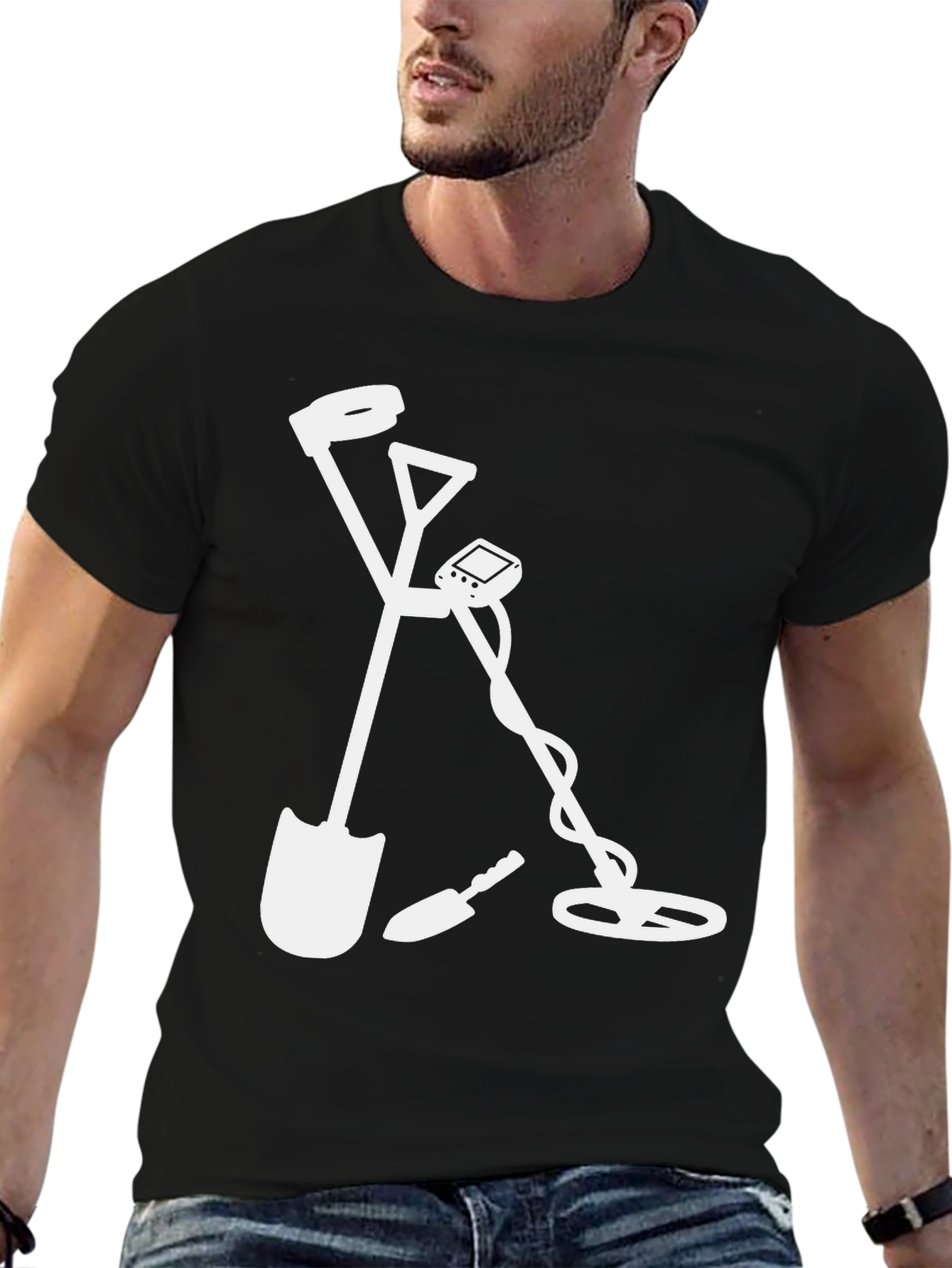 Treasure Hunter Black T-Shirt: Shovel & Metal Detector
