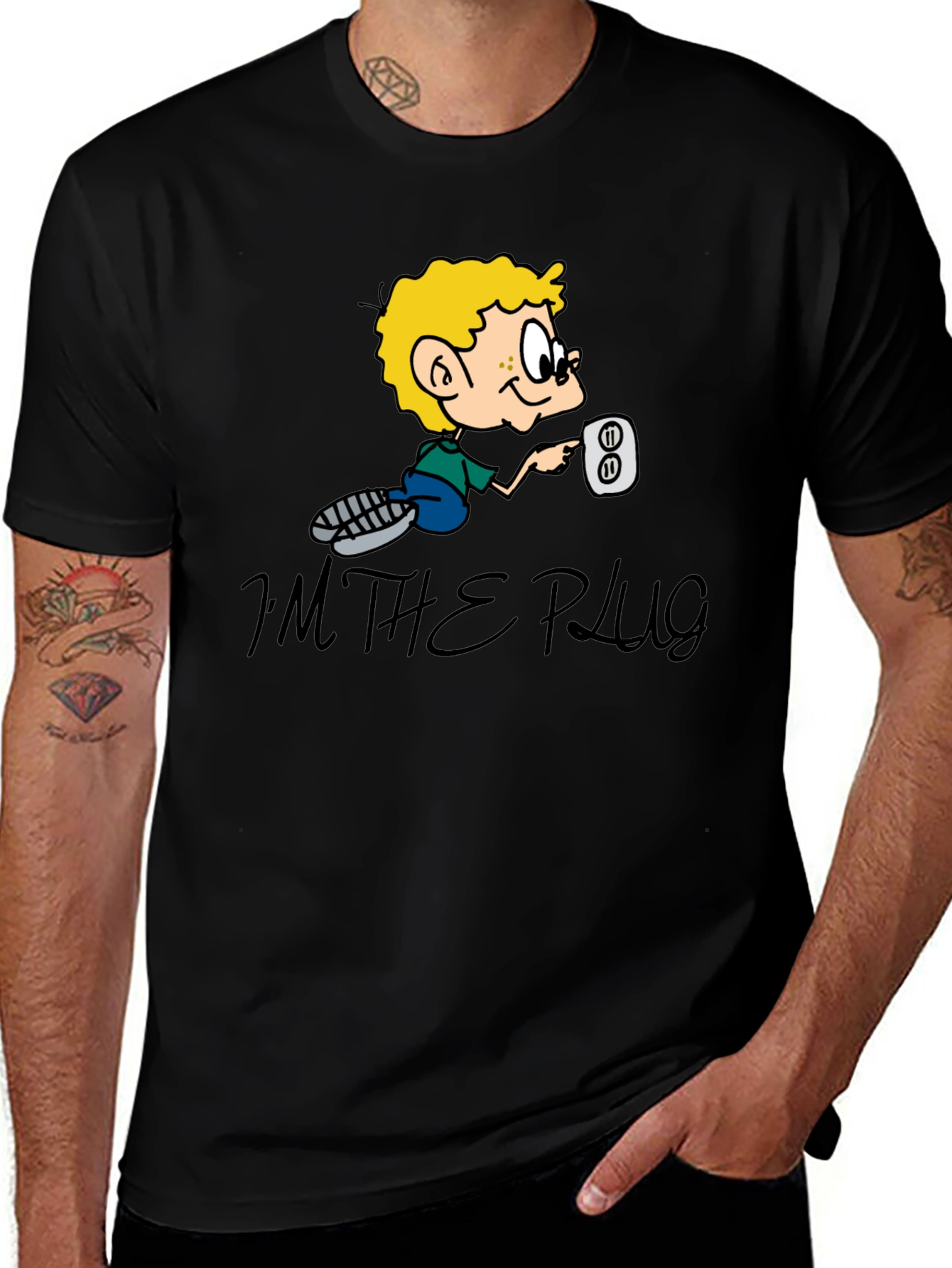 Im The Plug Cartoon Graphic Black T-Shirt