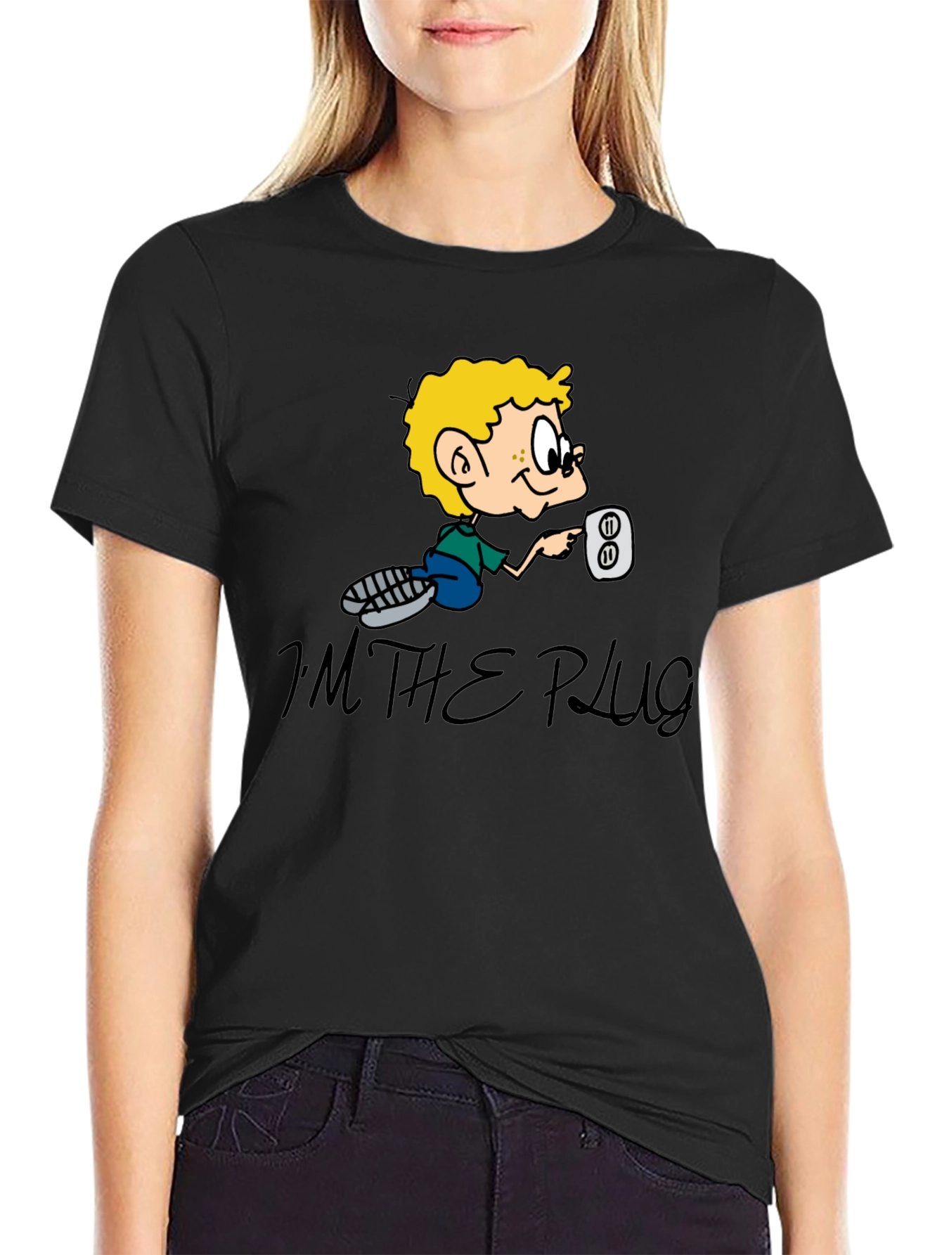 Im The Plug Cartoon Graphic Black T-Shirt