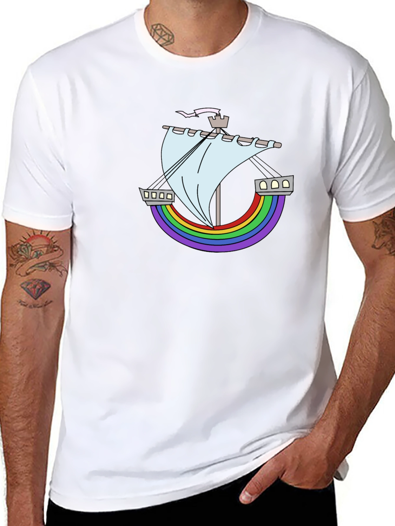 Rainbow Ship Graphic Tee - Black Cotton T-Shirt