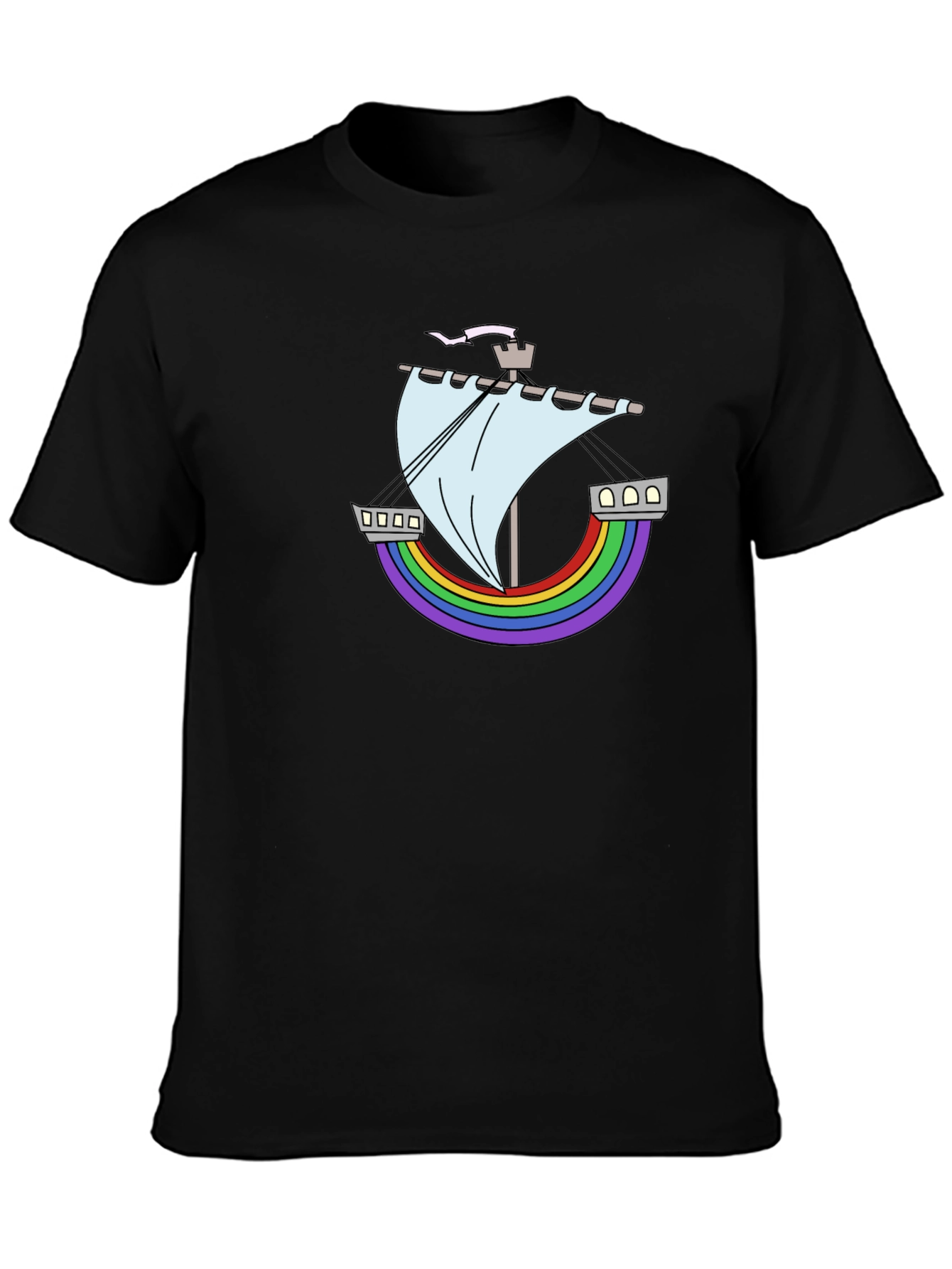 Rainbow Ship Graphic Tee - Black Cotton T-Shirt