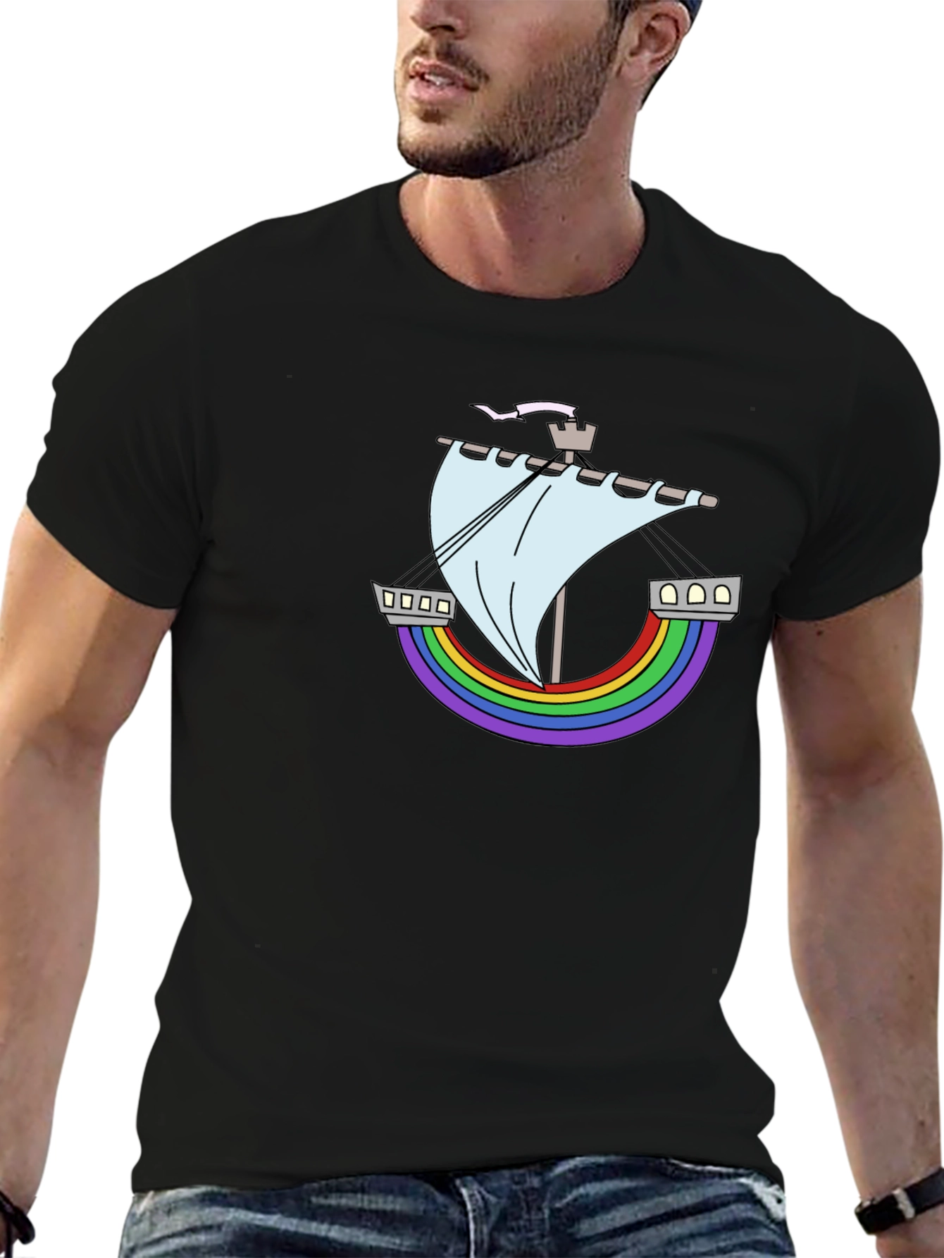 Rainbow Ship Graphic Tee - Black Cotton T-Shirt