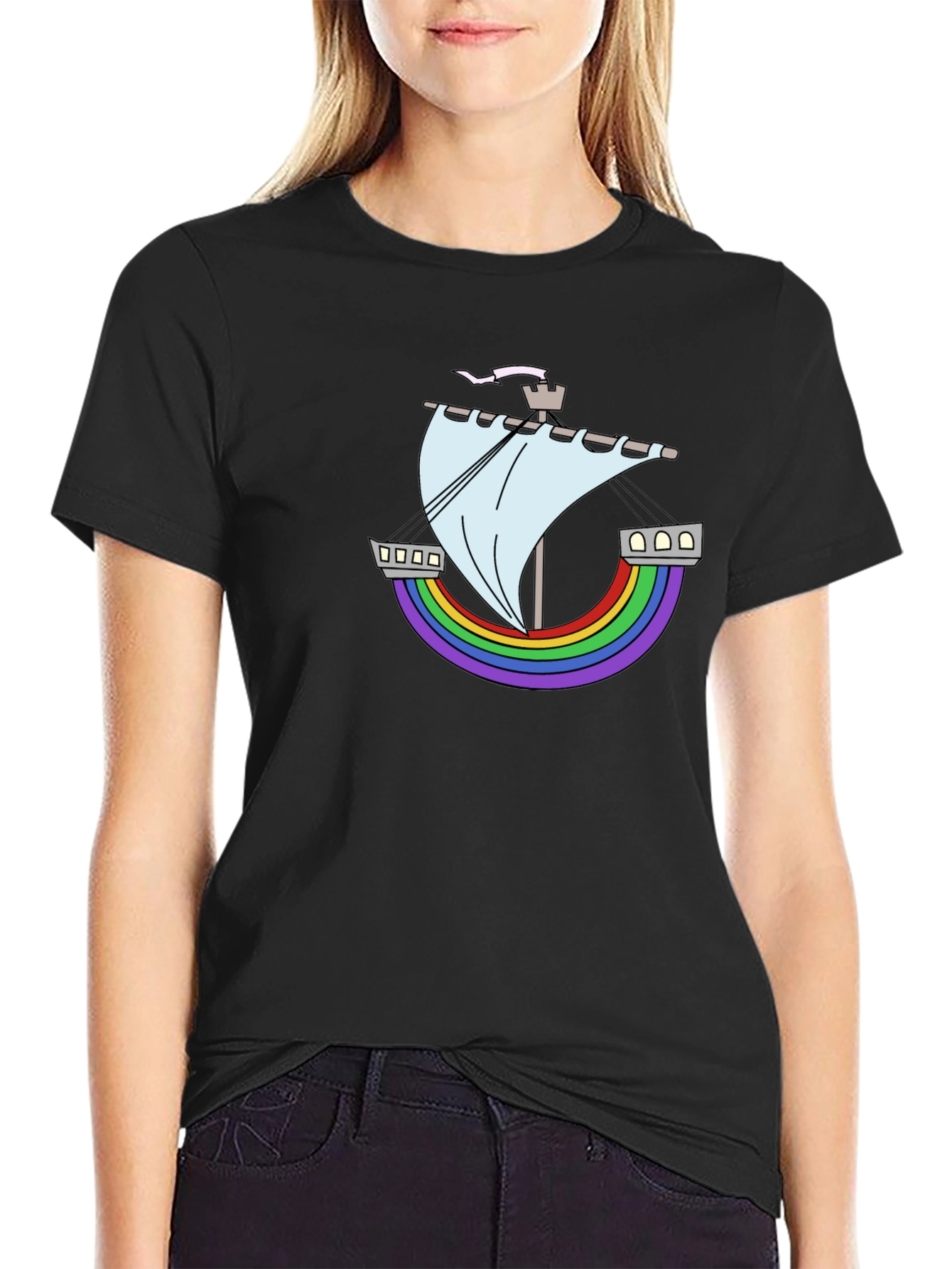 Rainbow Ship Graphic Tee - Black Cotton T-Shirt