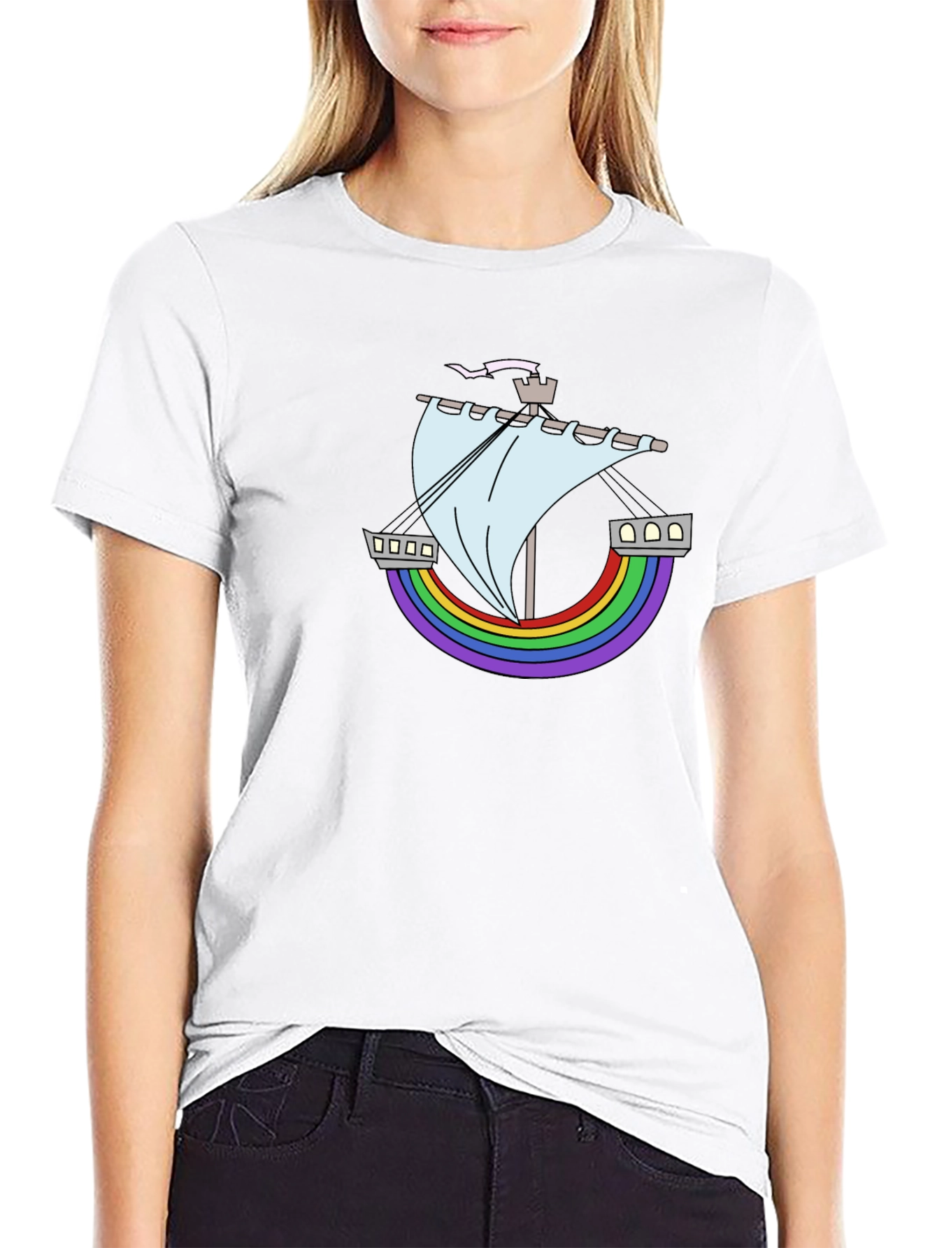 Rainbow Ship Graphic Tee - Black Cotton T-Shirt
