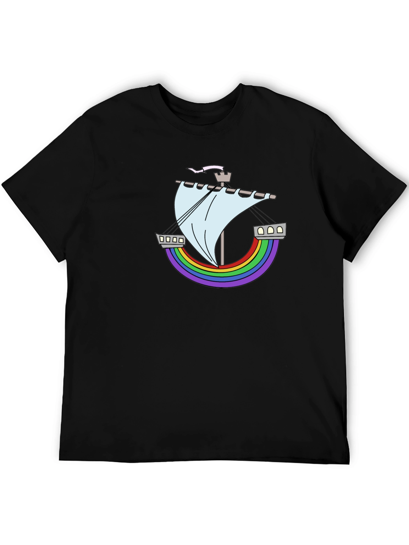 Rainbow Ship Graphic Tee - Black Cotton T-Shirt