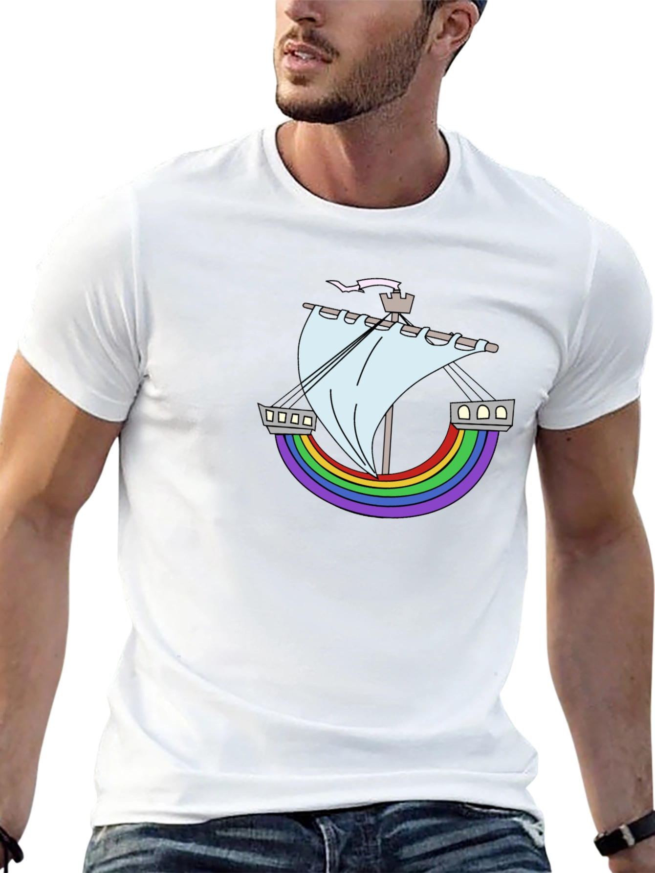Rainbow Ship Graphic Tee - Black Cotton T-Shirt