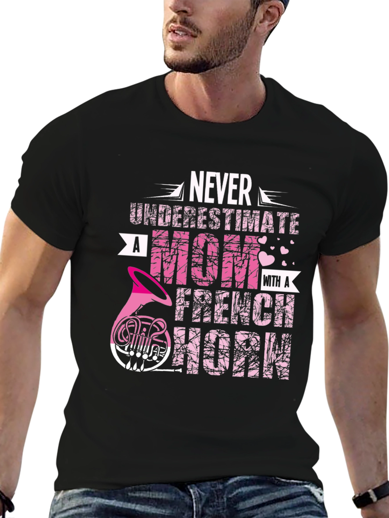 Never Underestimate Mom French Horn Black T-Shirt