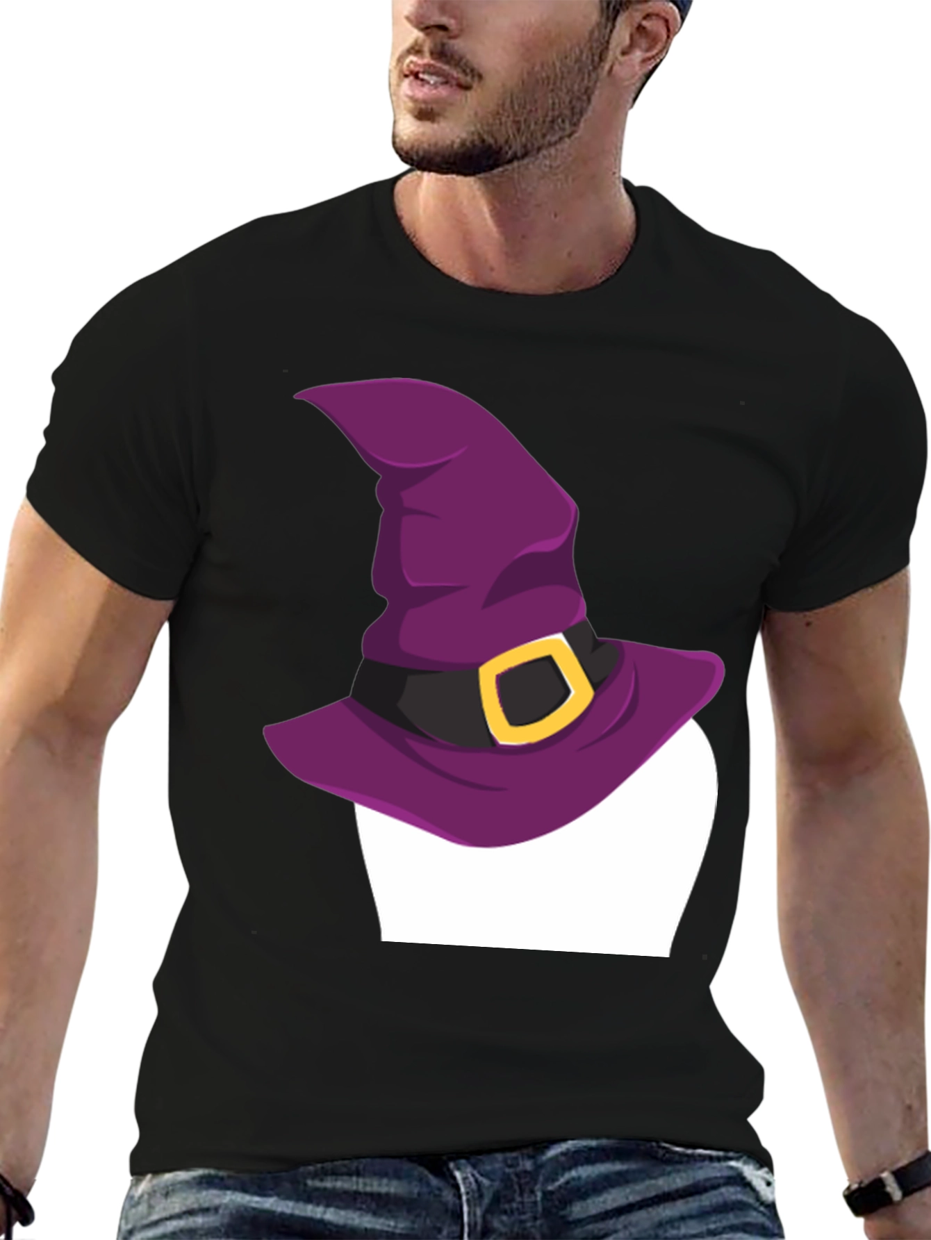 Halloween Witch Hat Graphic Tee - Black Cotton T-Shirt
