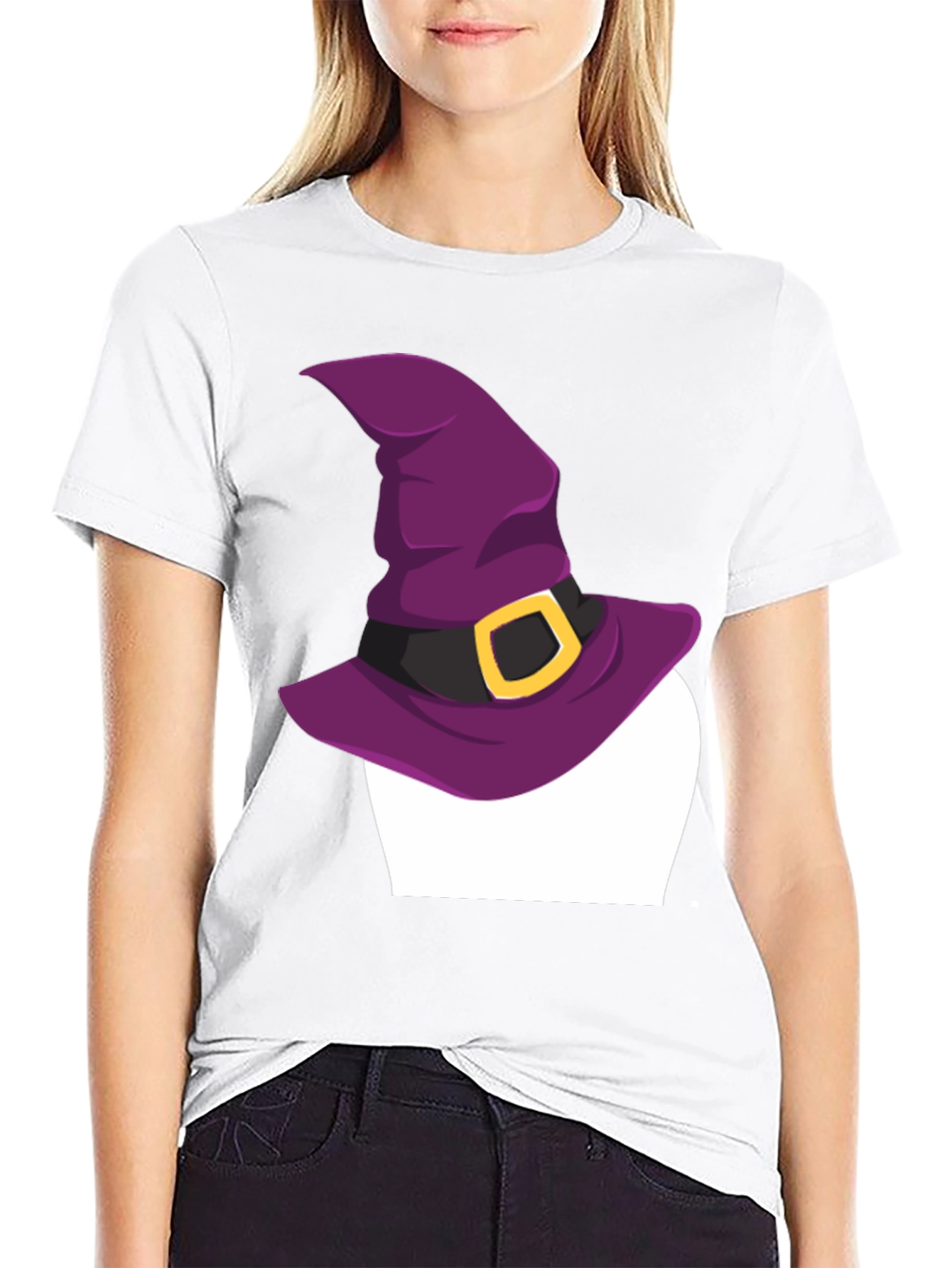 Halloween Witch Hat Graphic Tee - Black Cotton T-Shirt