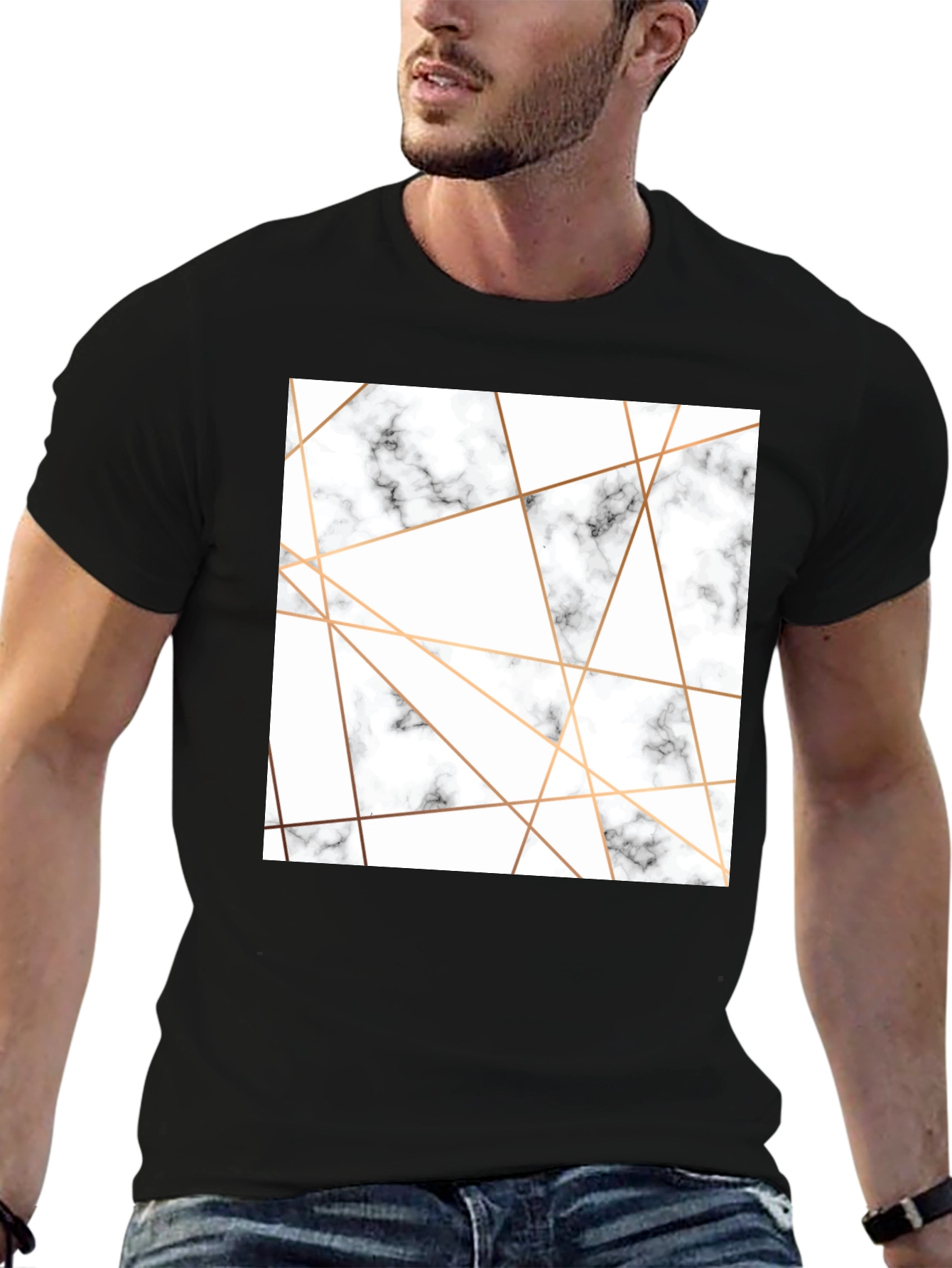 Modern Marble Geometric Print Black T-Shirt