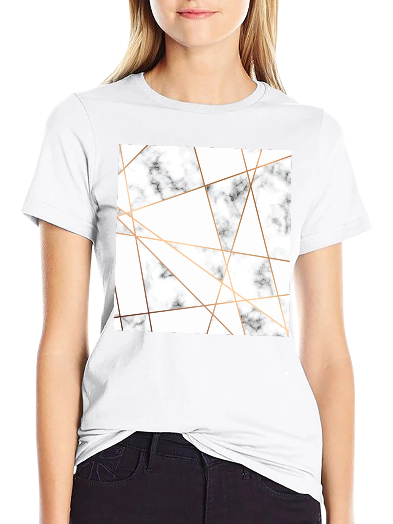 Modern Marble Geometric Print Black T-Shirt