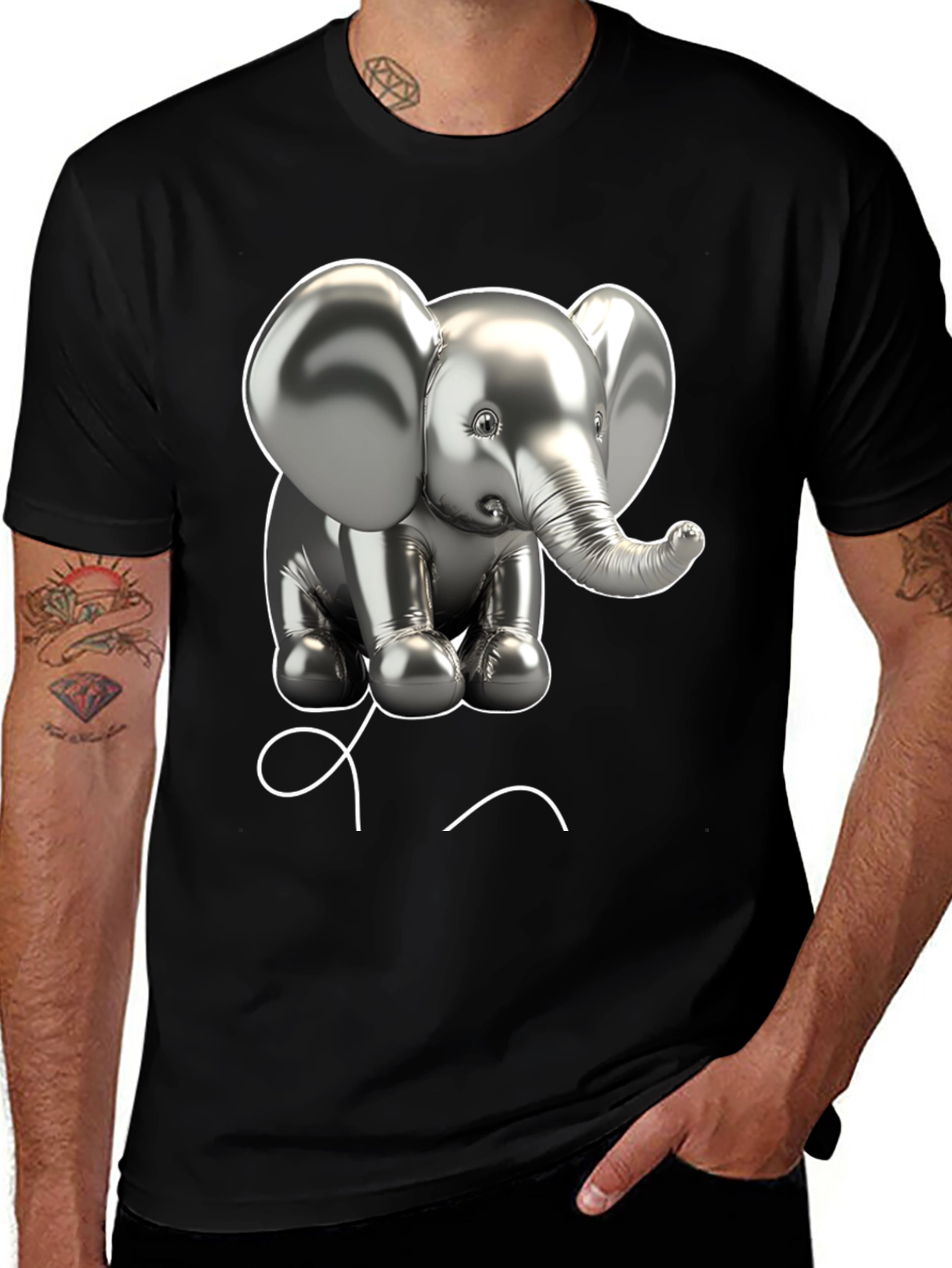 Elephant Balloon Graphic Tee - Black Cotton T-Shirt