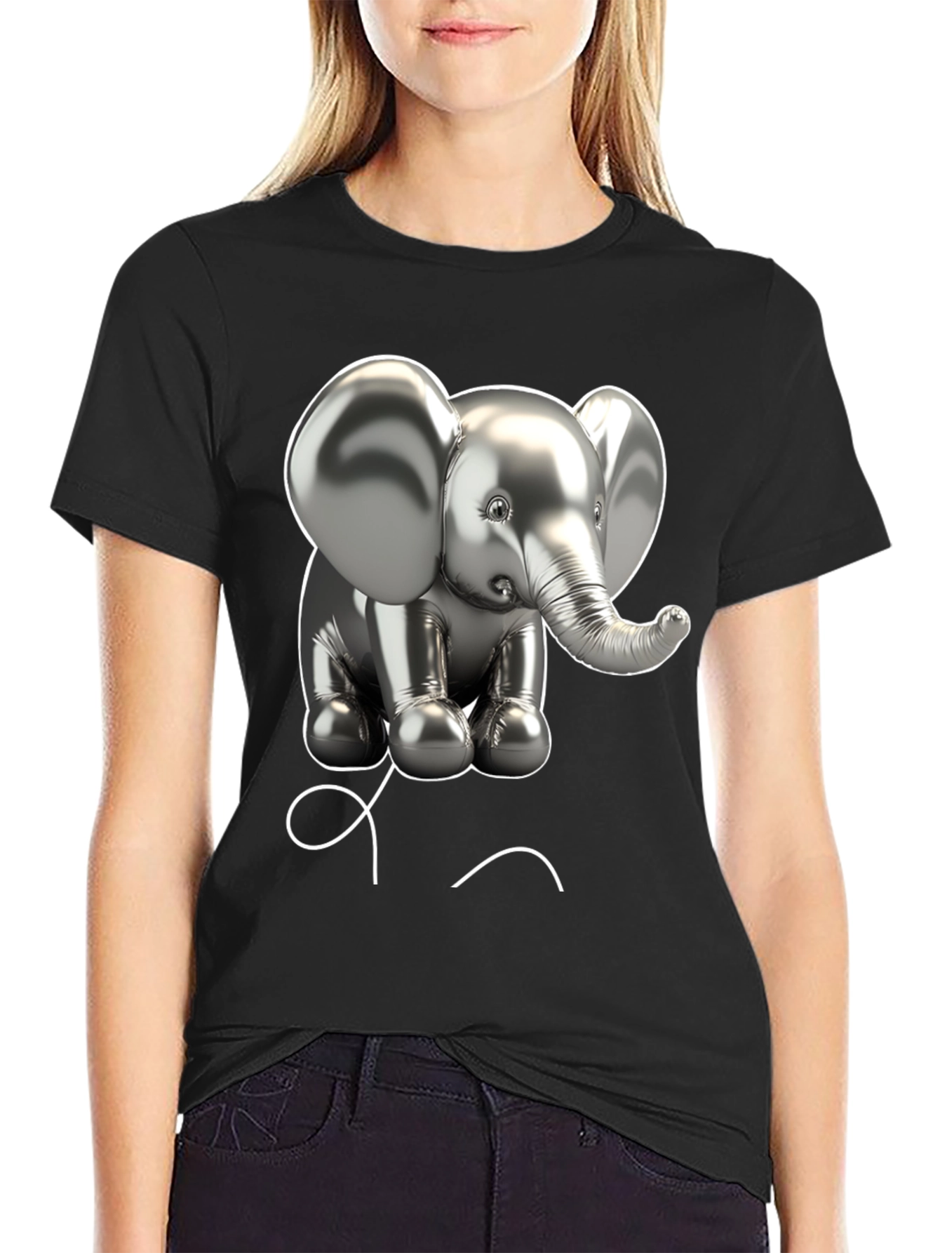 Elephant Balloon Graphic Tee - Black Cotton T-Shirt