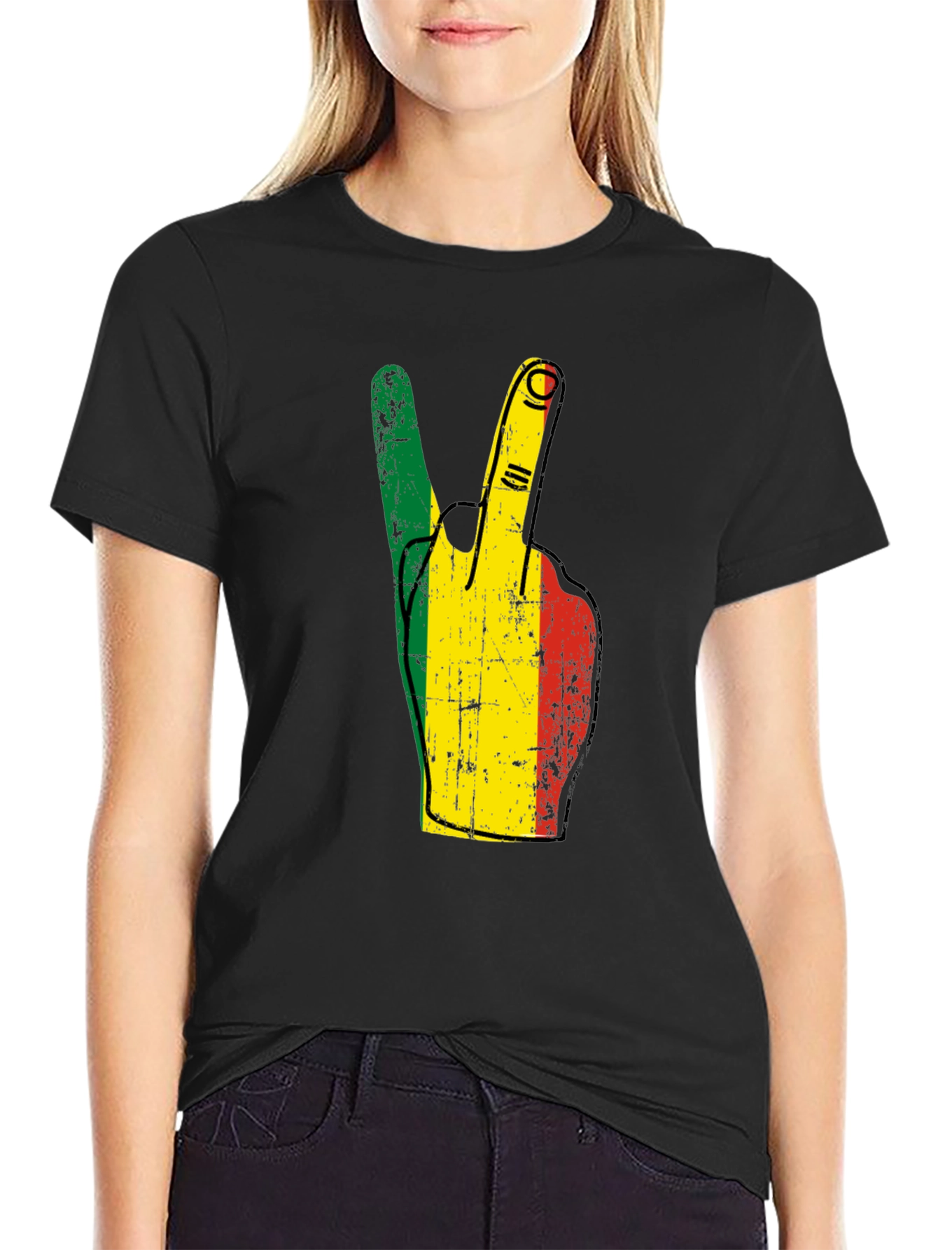 Rasta Peace Sign Graphic T-Shirt - Black