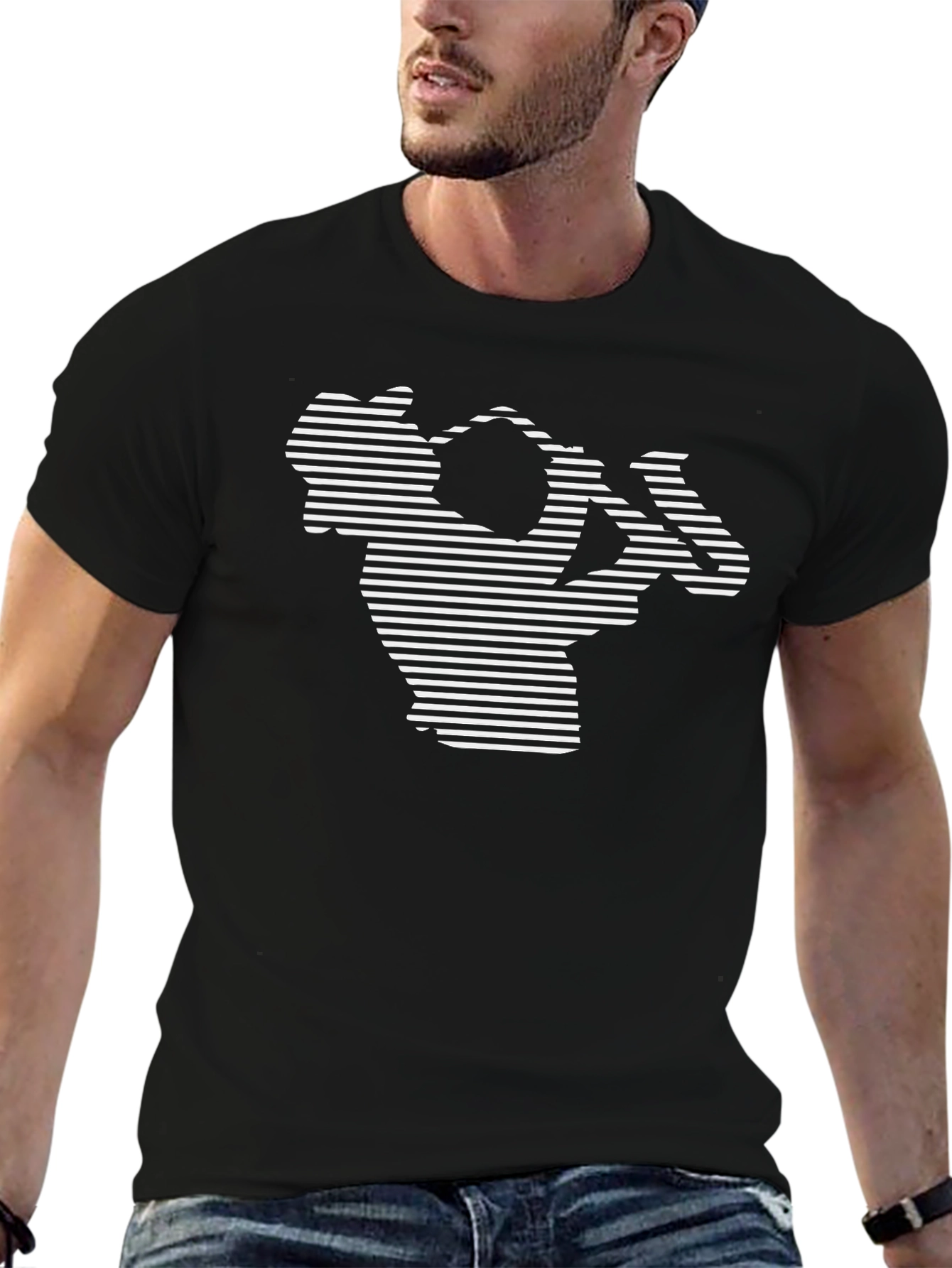 Striped Saxophone Graphic Tee - Black Cotton T-Shirt