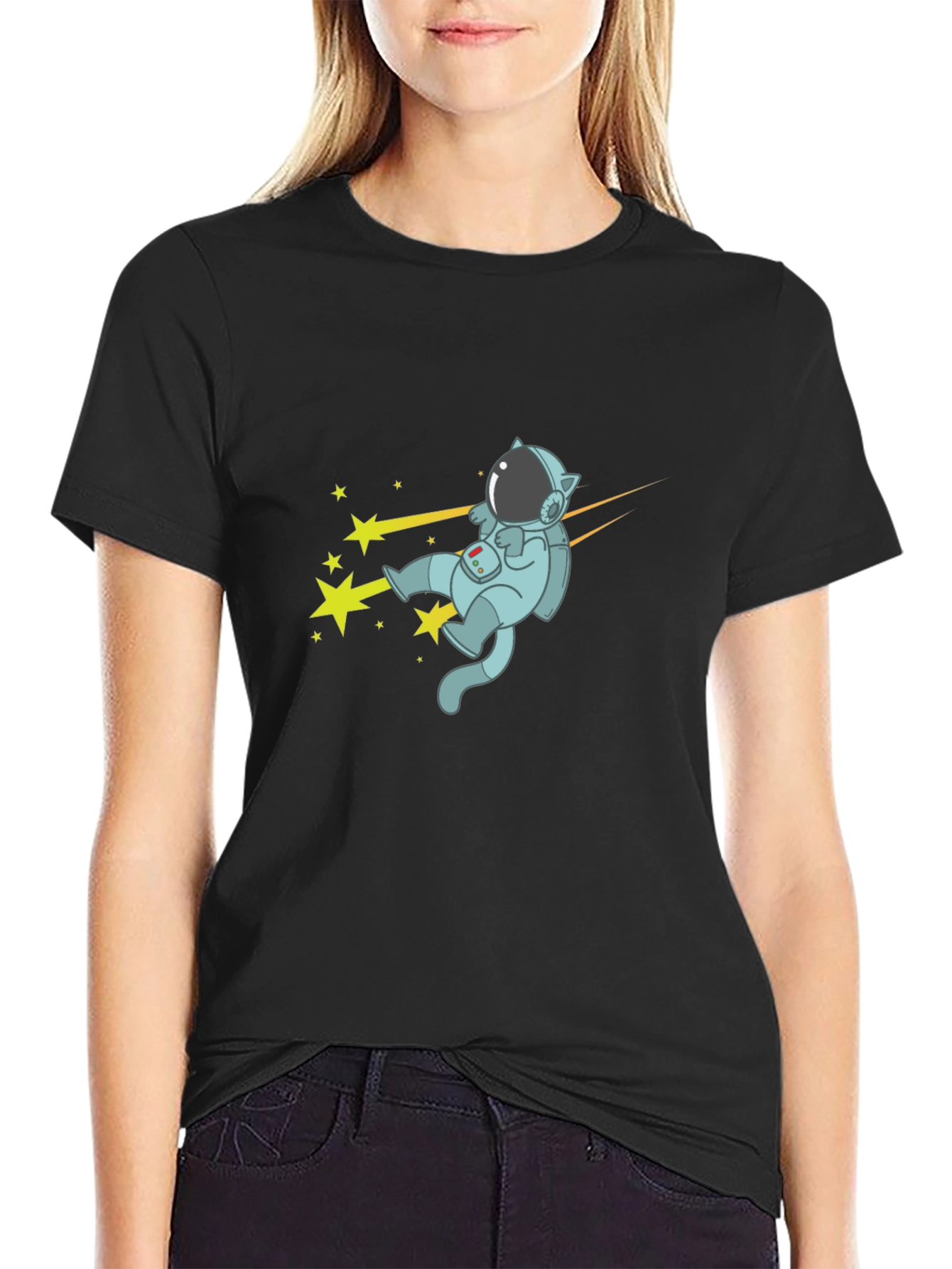 Cat Astronaut T-Shirt - Black Cotton Tee