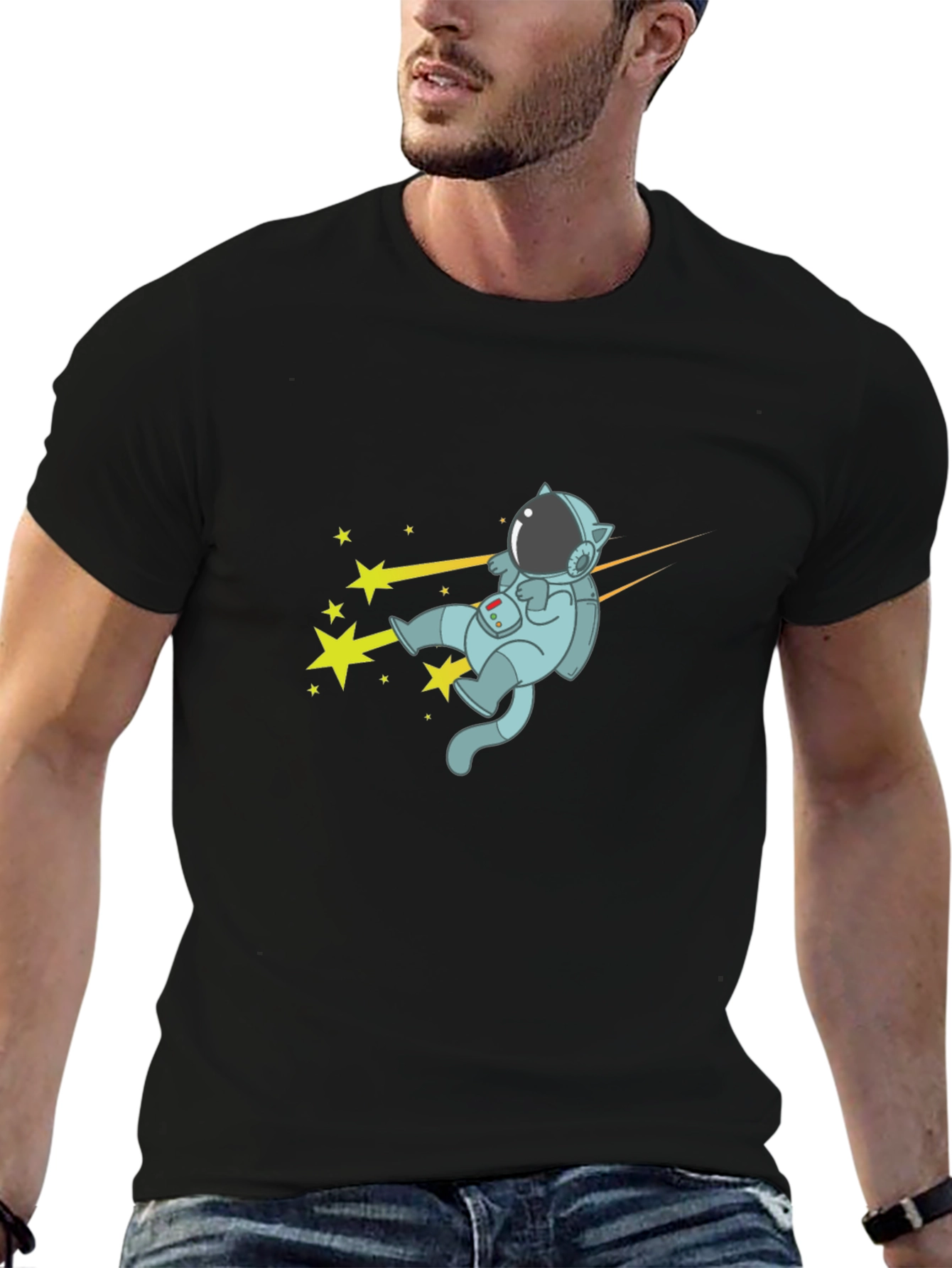 Cat Astronaut T-Shirt - Black Cotton Tee