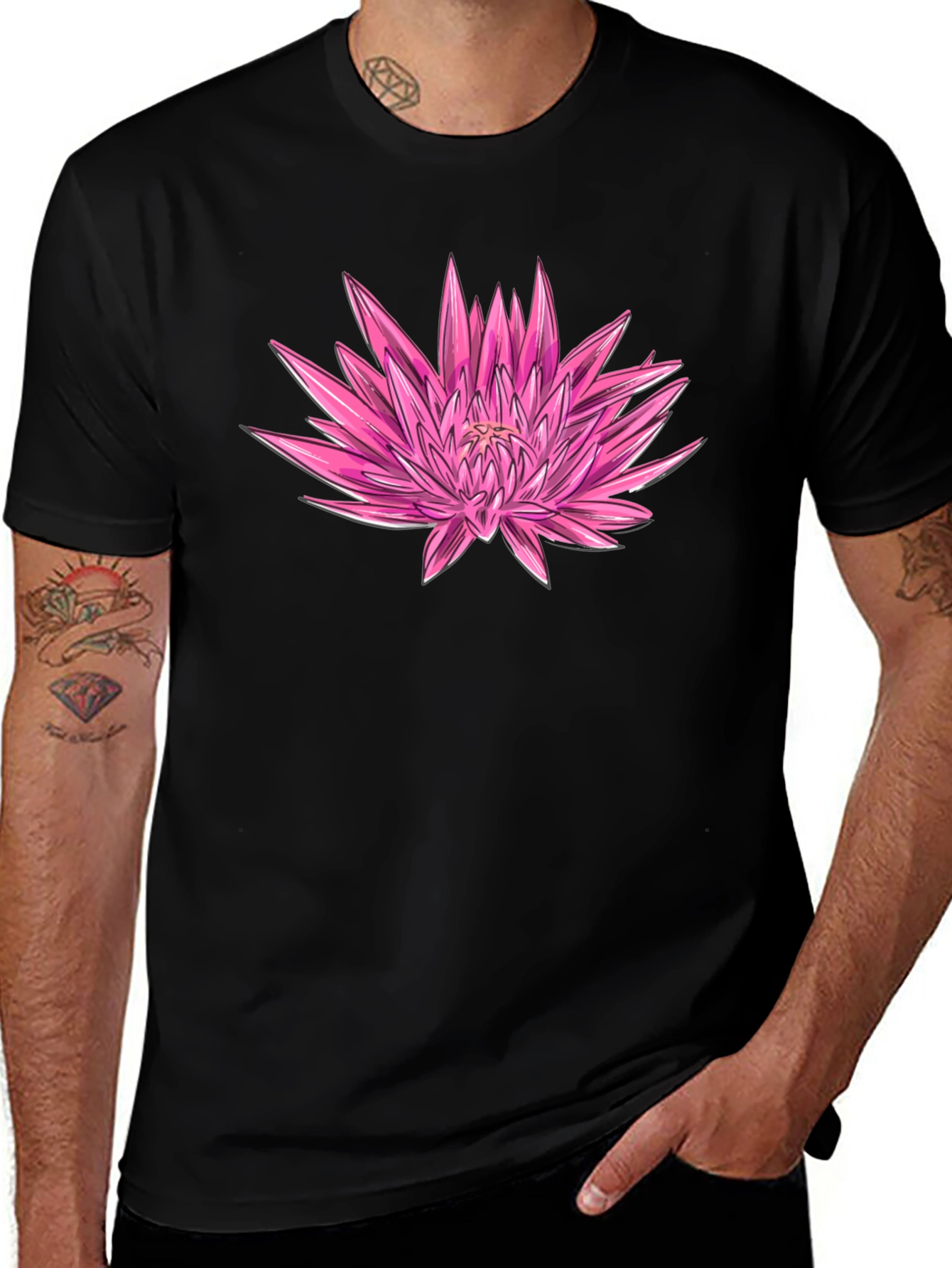 Pink Floral Graphic Black T-Shirt