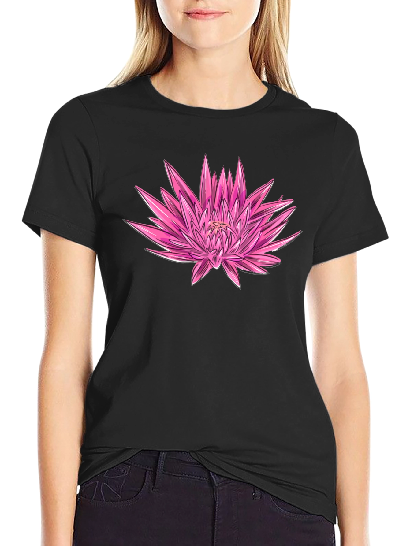 Pink Floral Graphic Black T-Shirt