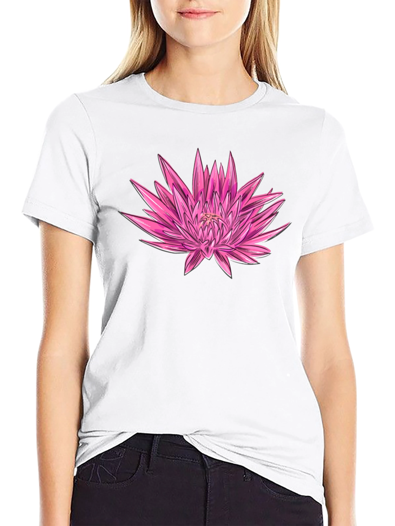 Pink Floral Graphic Black T-Shirt