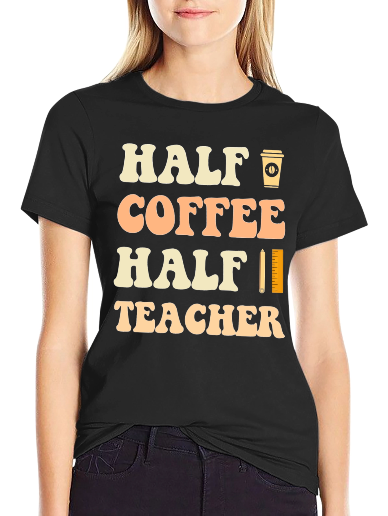 Half Coffee Half Teacher Black Graphic T-Shirt