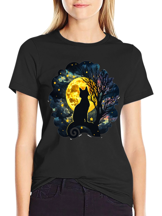 Moonlit Cat T-Shirt - Whimsical Night Sky Design