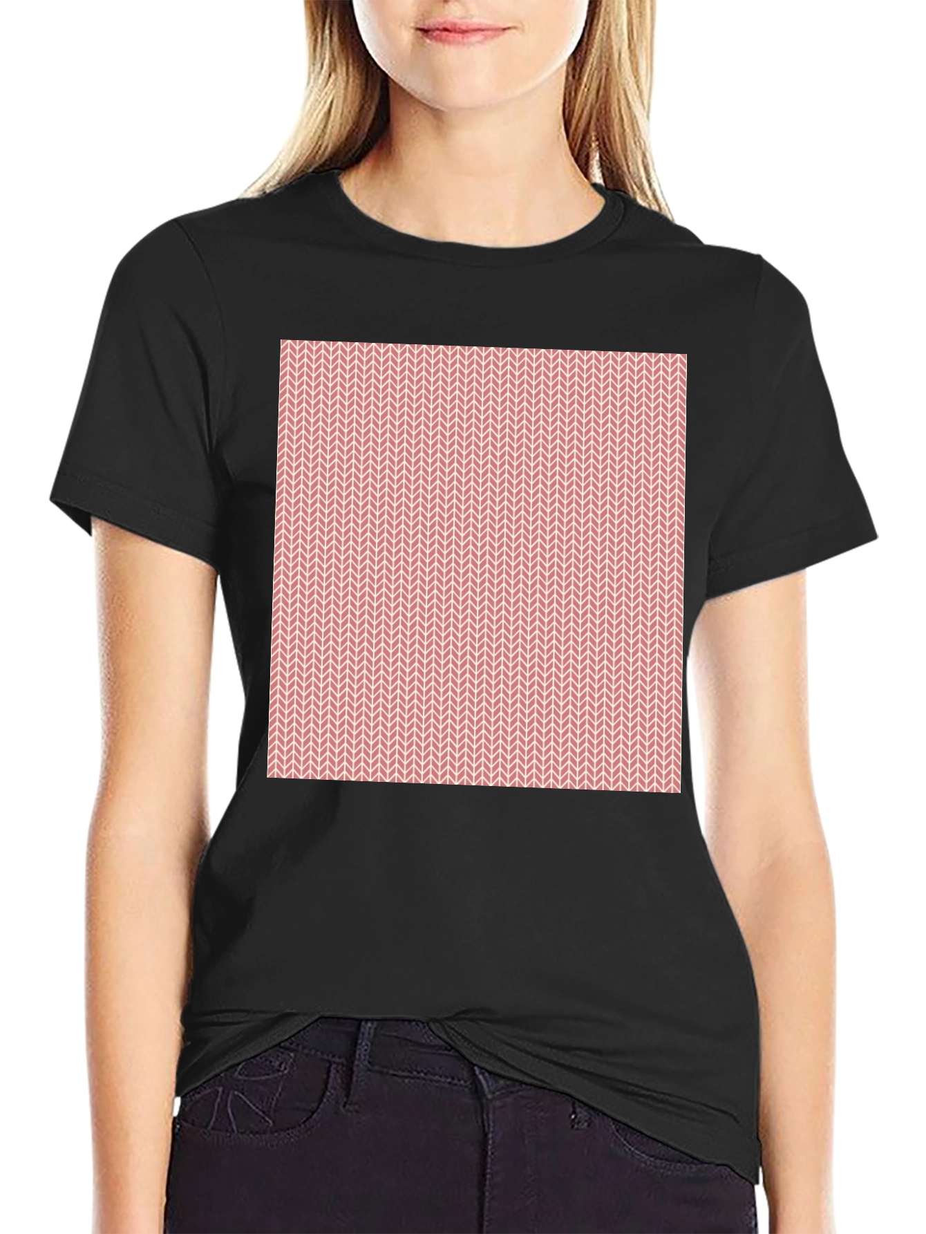 Geometric Knit Pattern Black T-Shirt