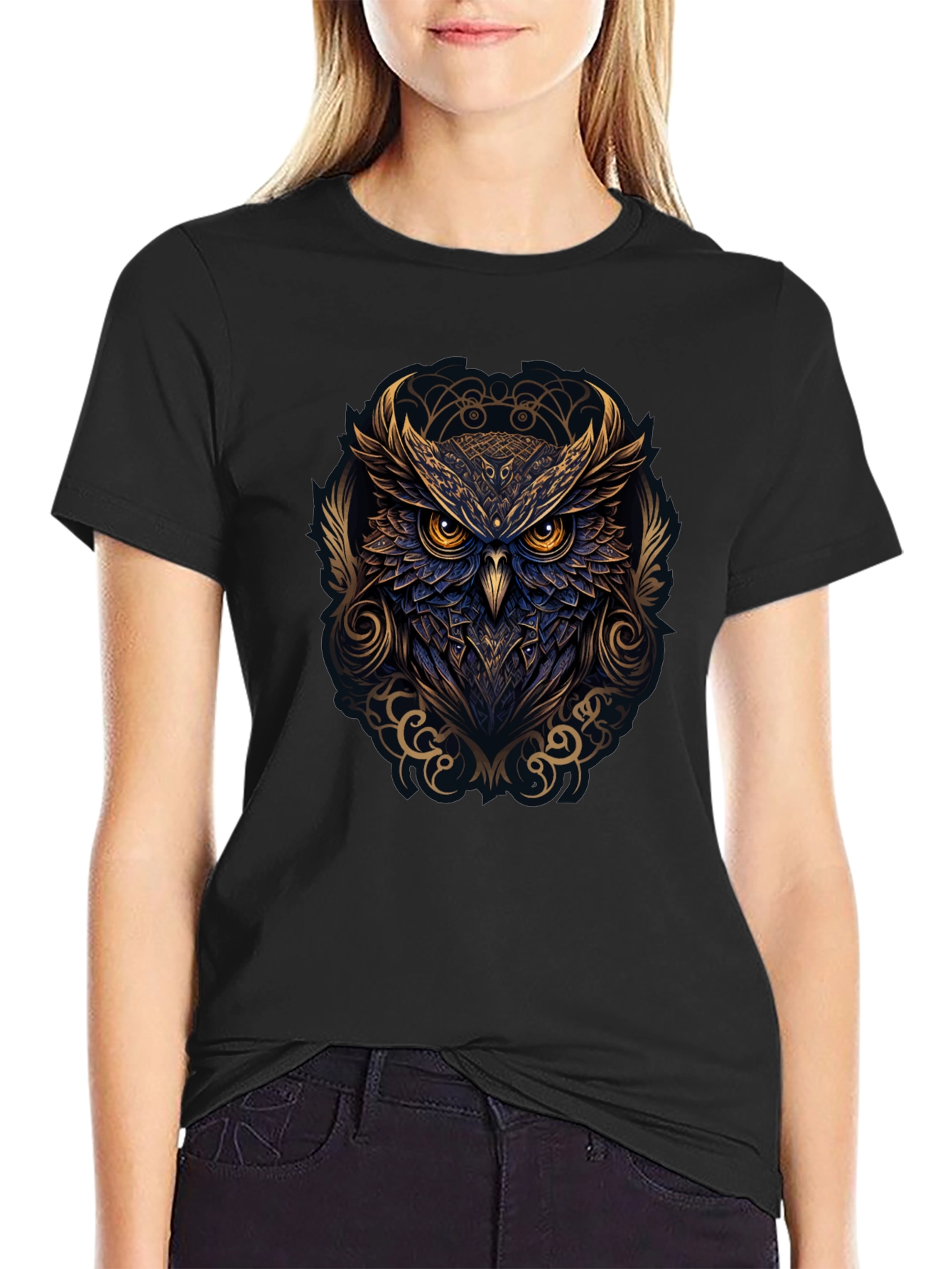 Owl Graphic Print T-Shirt - Black