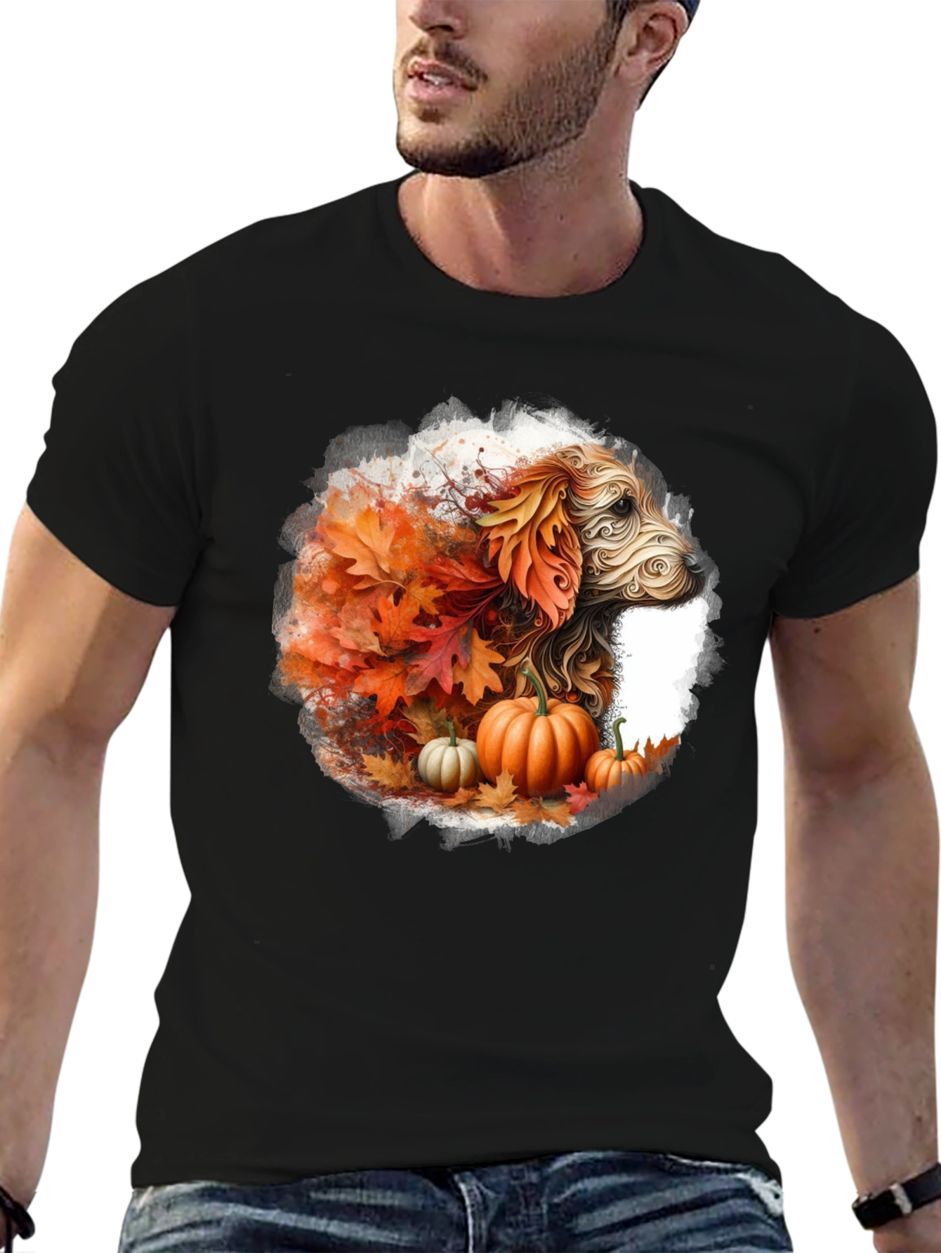 Fall Dog T-Shirt: Autumn Leaves & Pumpkin Design