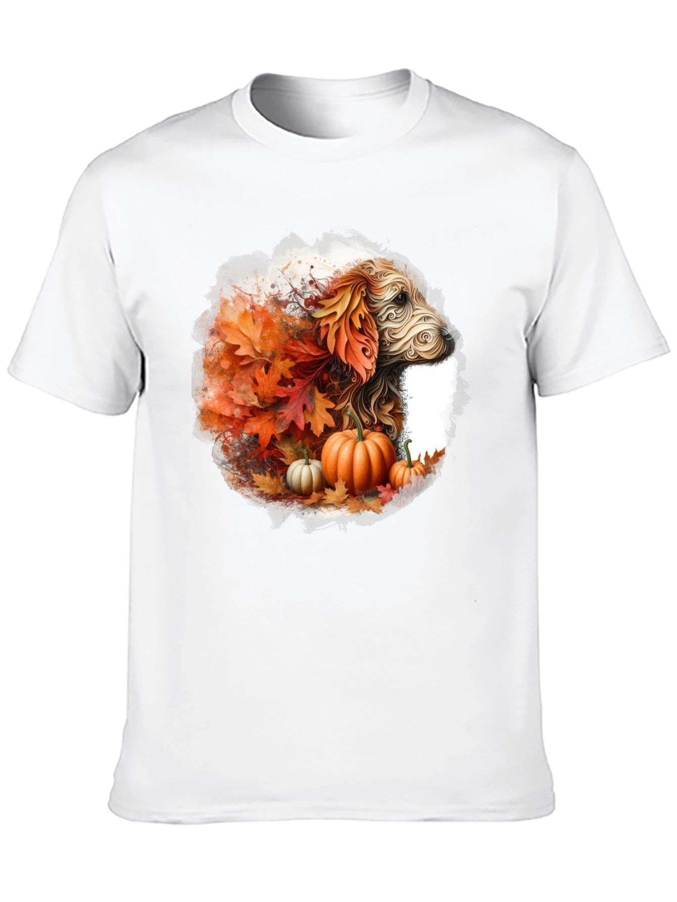 Fall Dog T-Shirt: Autumn Leaves & Pumpkin Design