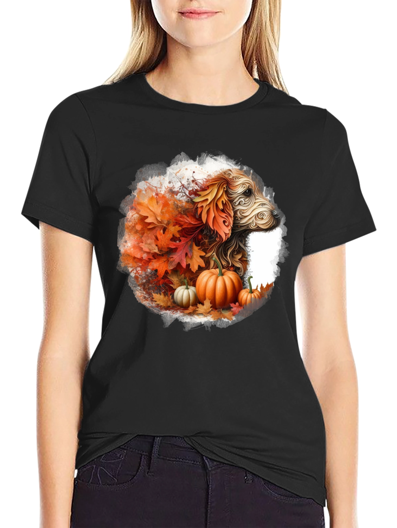 Fall Dog T-Shirt: Autumn Leaves & Pumpkin Design