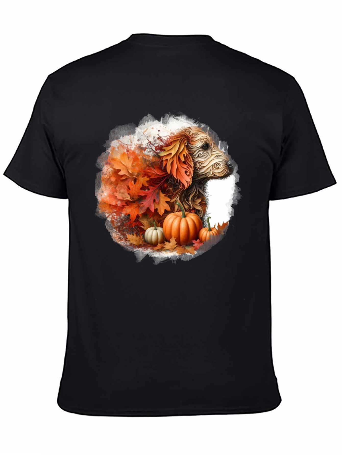 Fall Dog T-Shirt: Autumn Leaves & Pumpkin Design