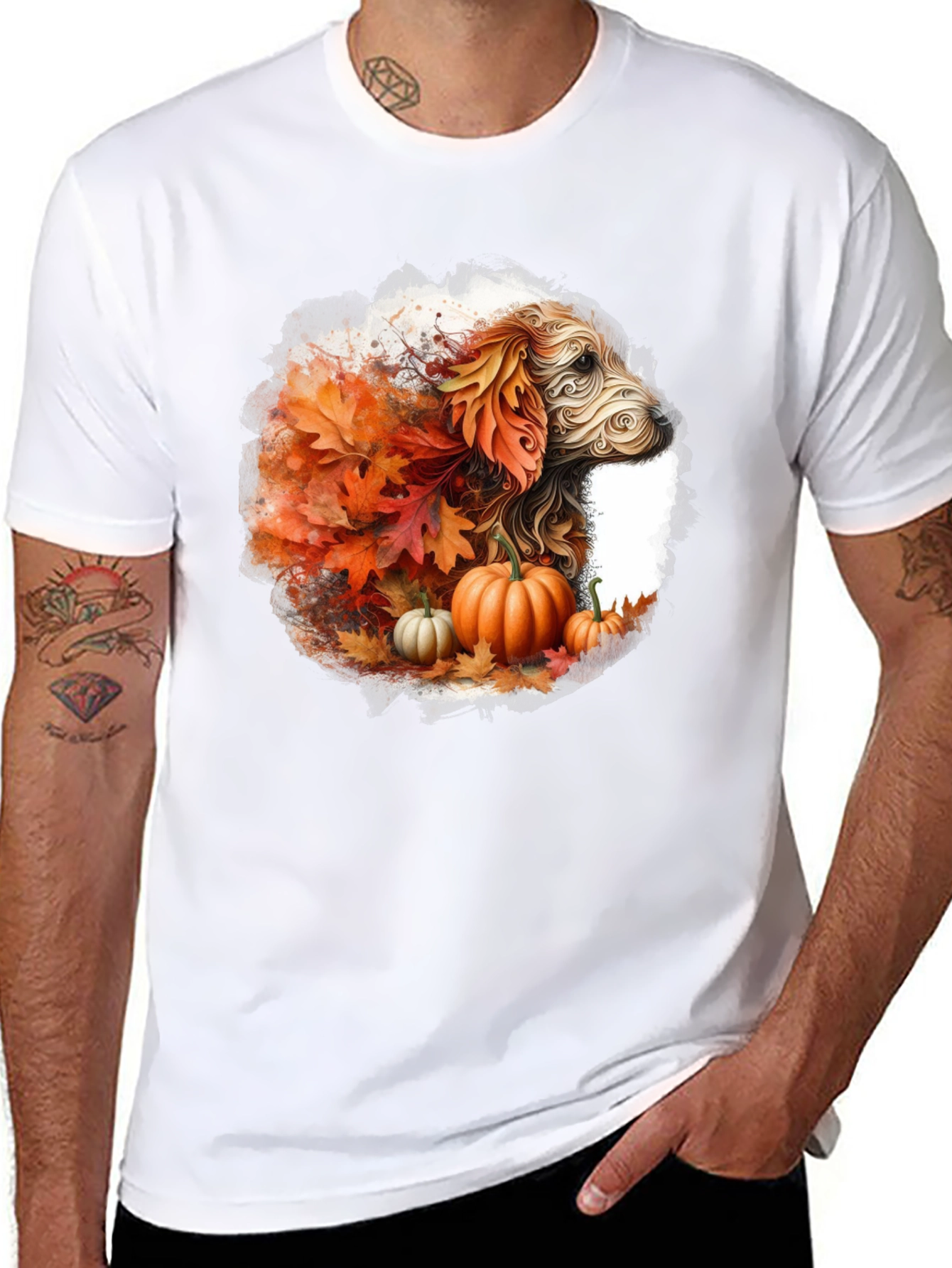 Fall Dog T-Shirt: Autumn Leaves & Pumpkin Design