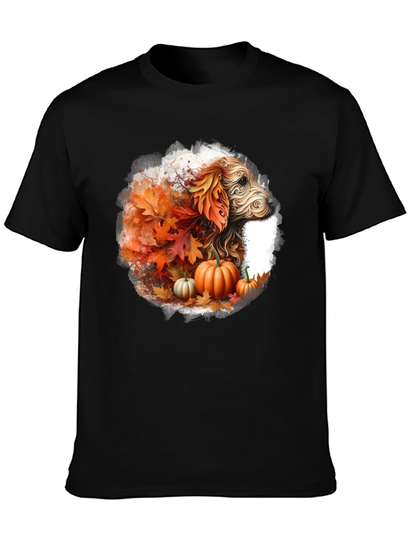 Fall Dog T-Shirt: Autumn Leaves & Pumpkin Design