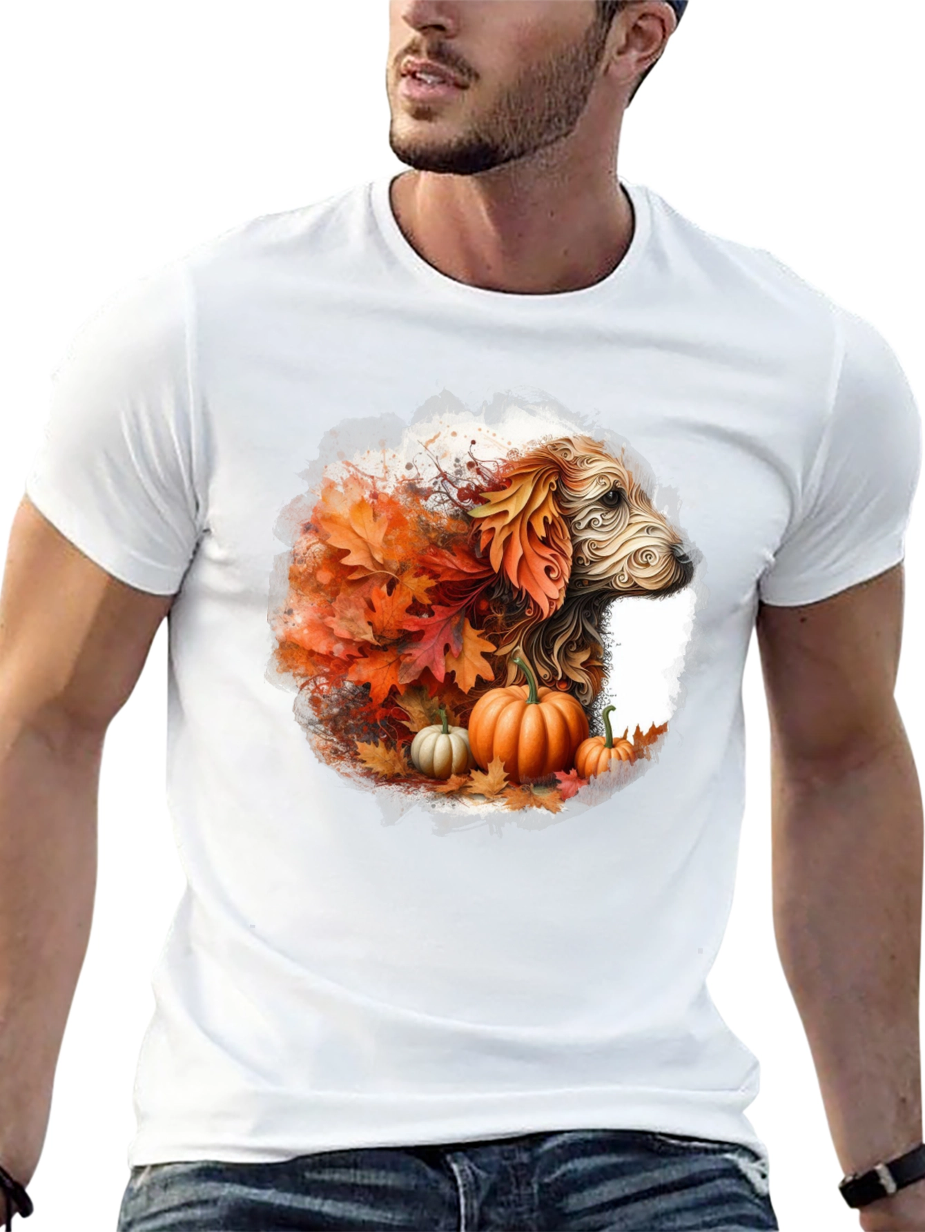 Fall Dog T-Shirt: Autumn Leaves & Pumpkin Design
