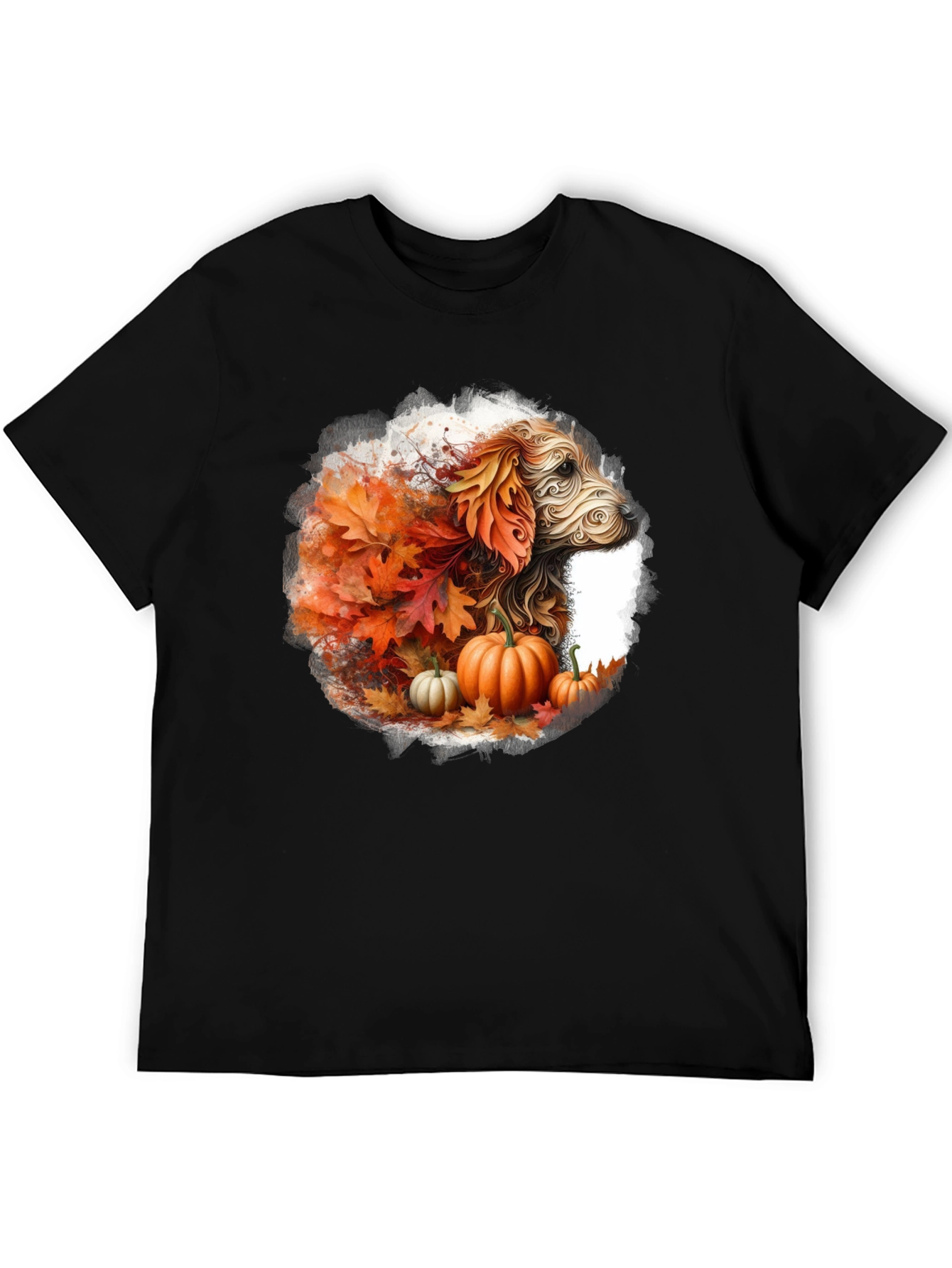 Fall Dog T-Shirt: Autumn Leaves & Pumpkin Design