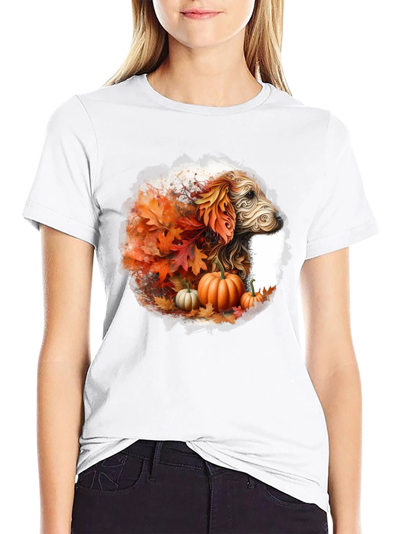 Fall Dog T-Shirt: Autumn Leaves & Pumpkin Design