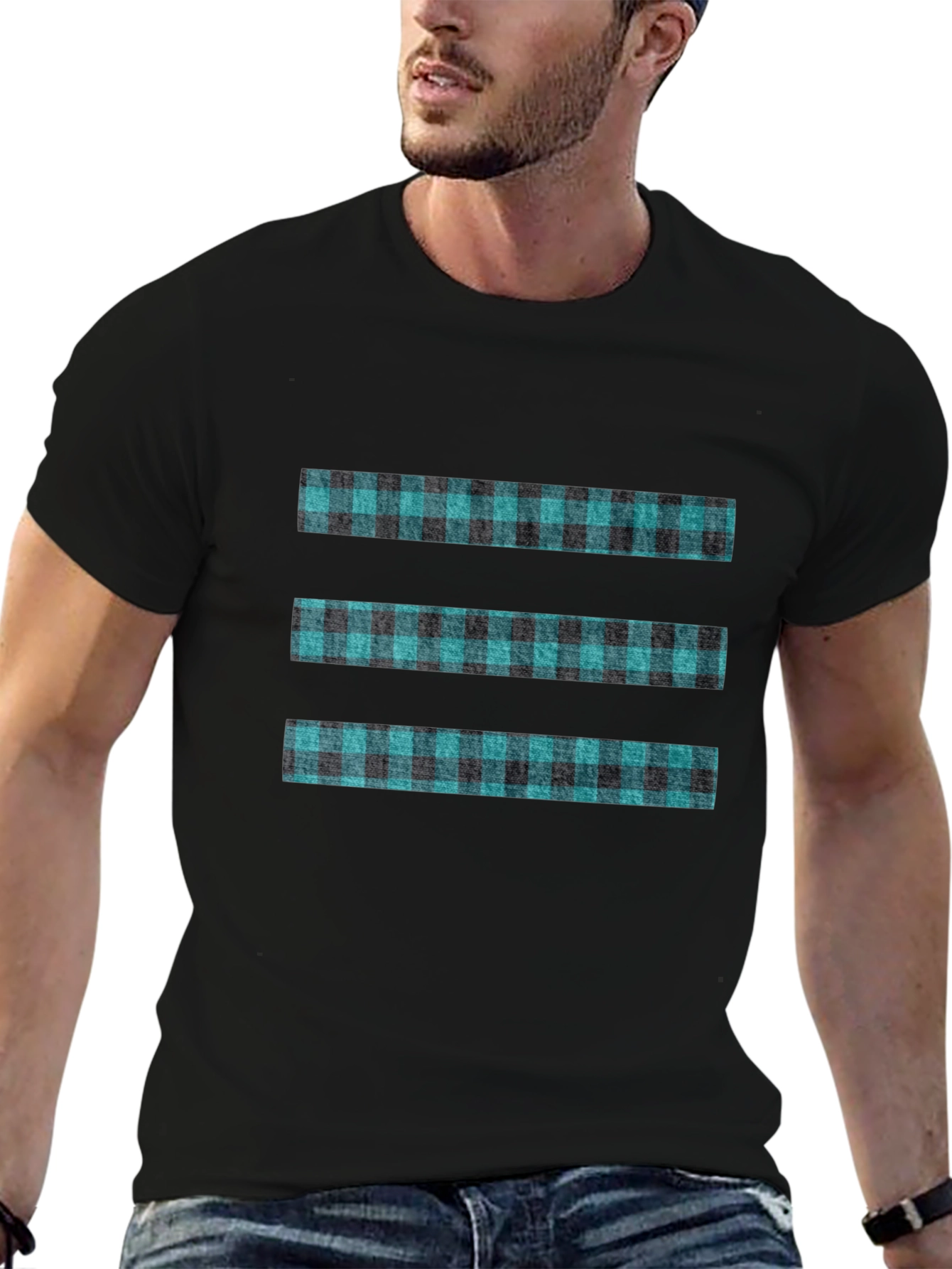 Modern Plaid Stripe Tee - Black Casual T-Shirt