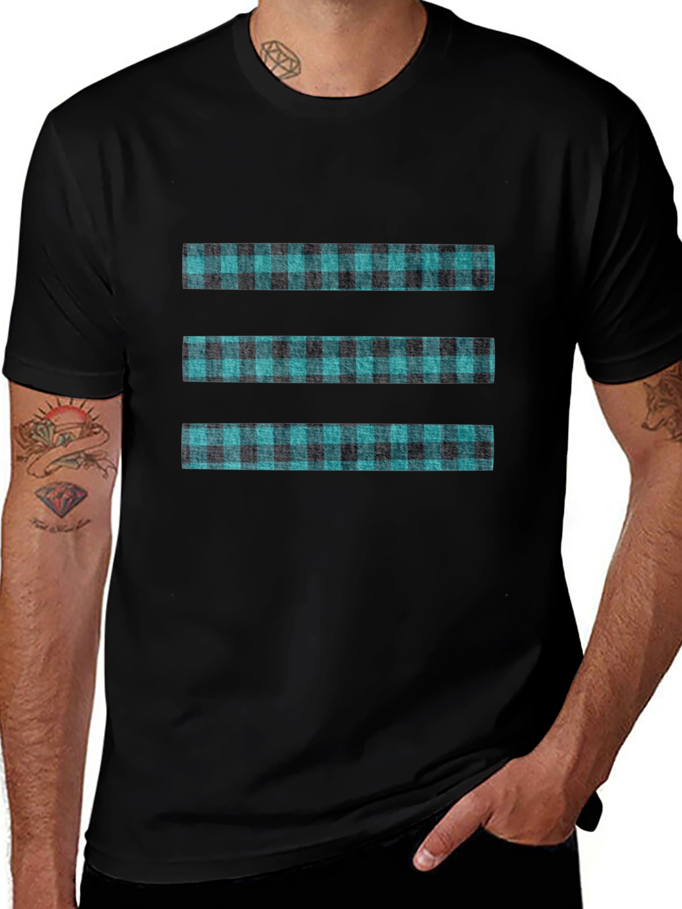 Modern Plaid Stripe Tee - Black Casual T-Shirt