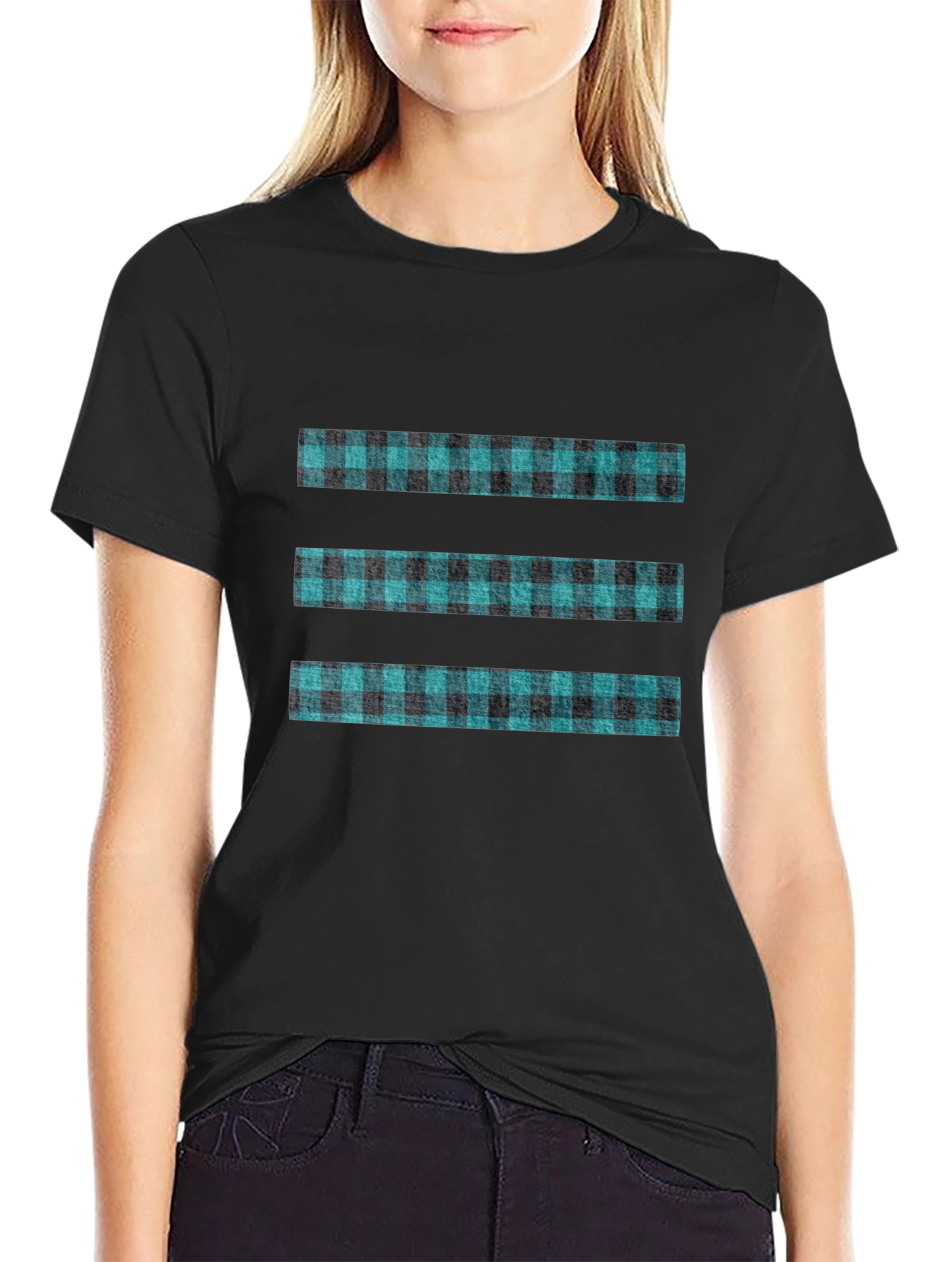 Modern Plaid Stripe Tee - Black Casual T-Shirt
