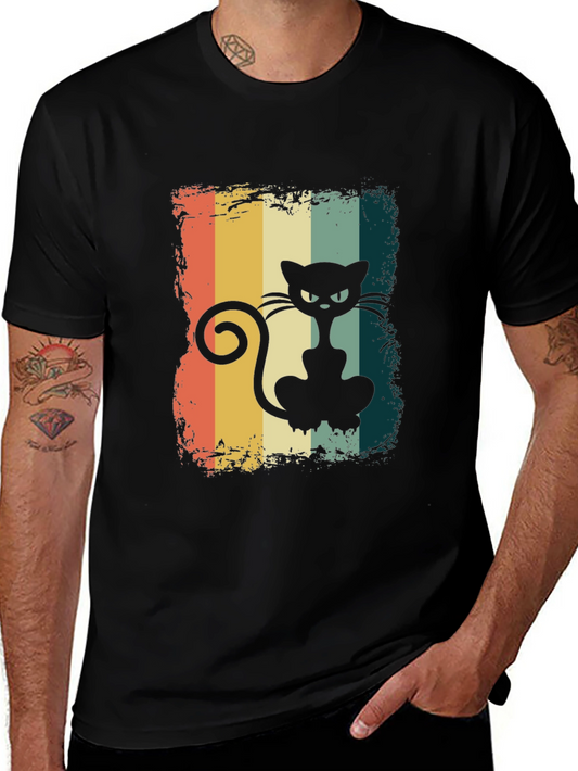 Retro Cat Graphic Tee - Vintage Style Black T-Shirt
