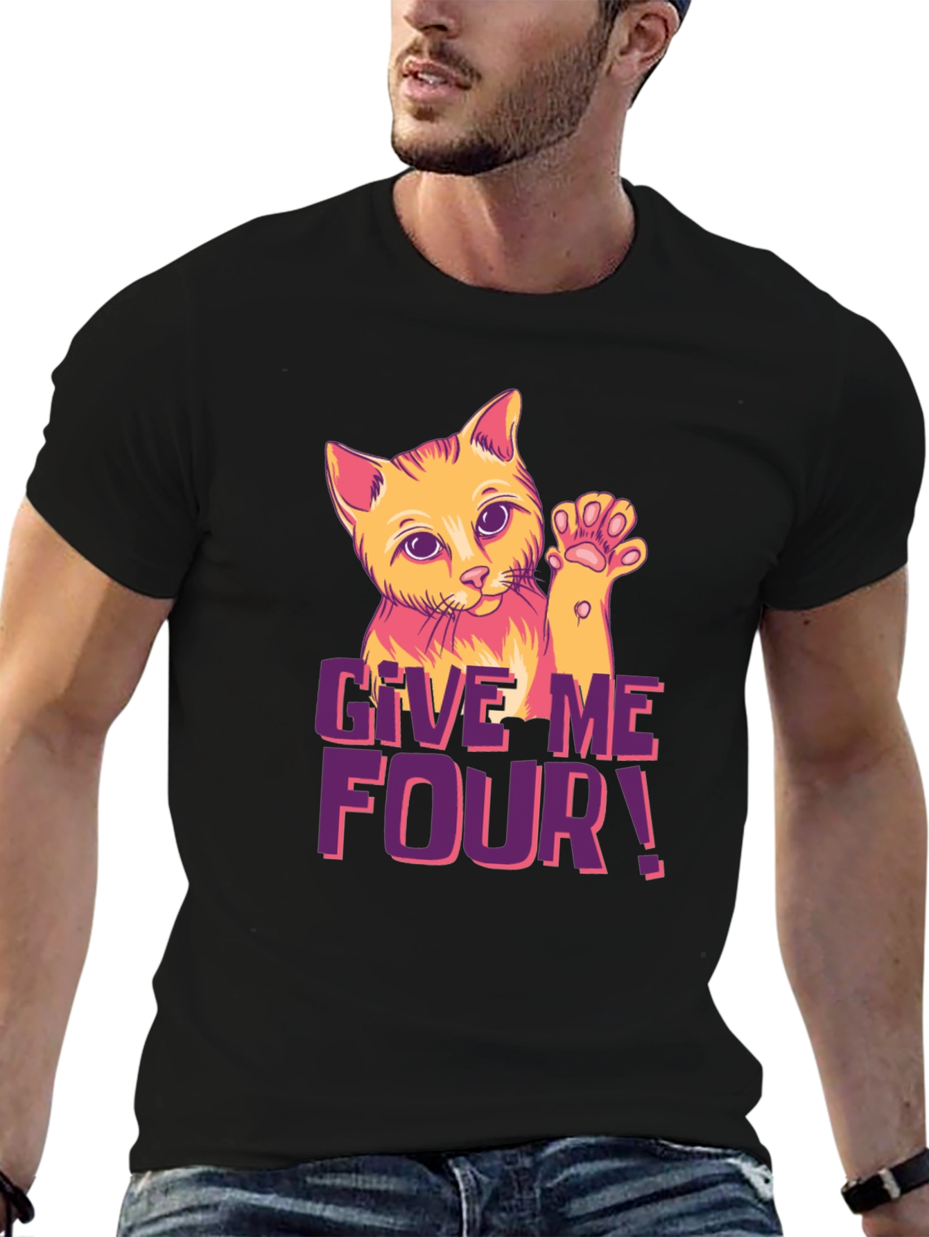 Give Me Four! Cat Graphic Black T-Shirt